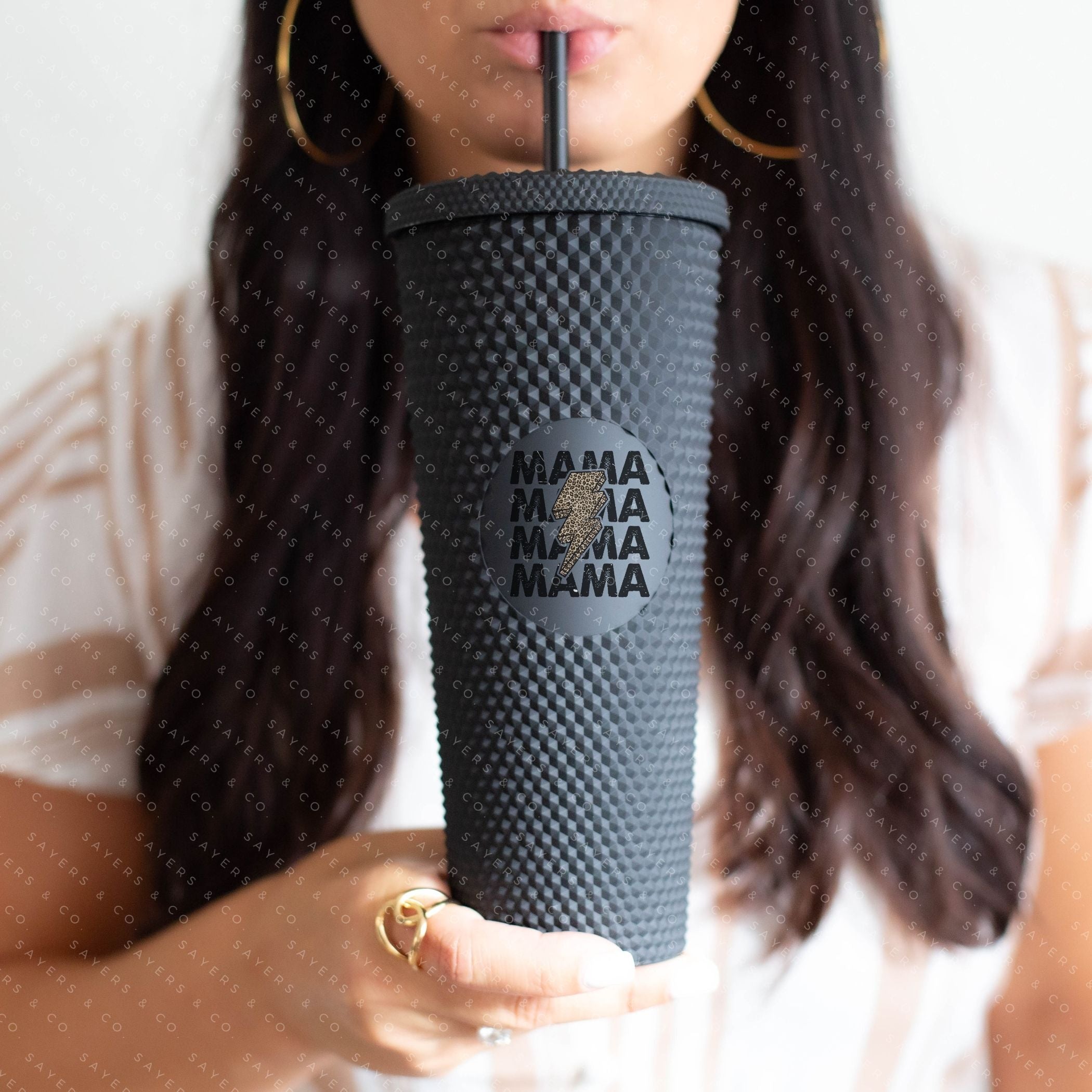 Custom Studded 24oz Double Walled Tumbler featuring a Mama Leopard Bolt design, complete with a lid and straw.