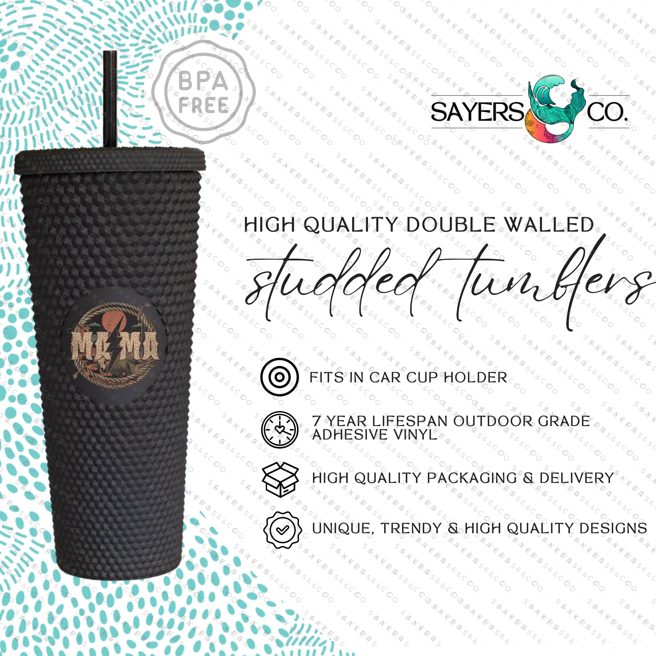 Custom Studded 24oz Double Walled Tumbler featuring a Western Mama design, complete with a lid and straw, showcasing a stylish studded exterior.