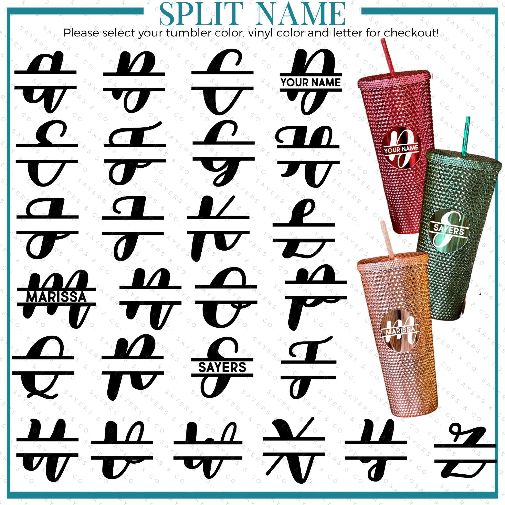 Custom Studded Split Vinyl Monogram Initial 24oz Double Walled Tumbler in various colors with a matching straw.