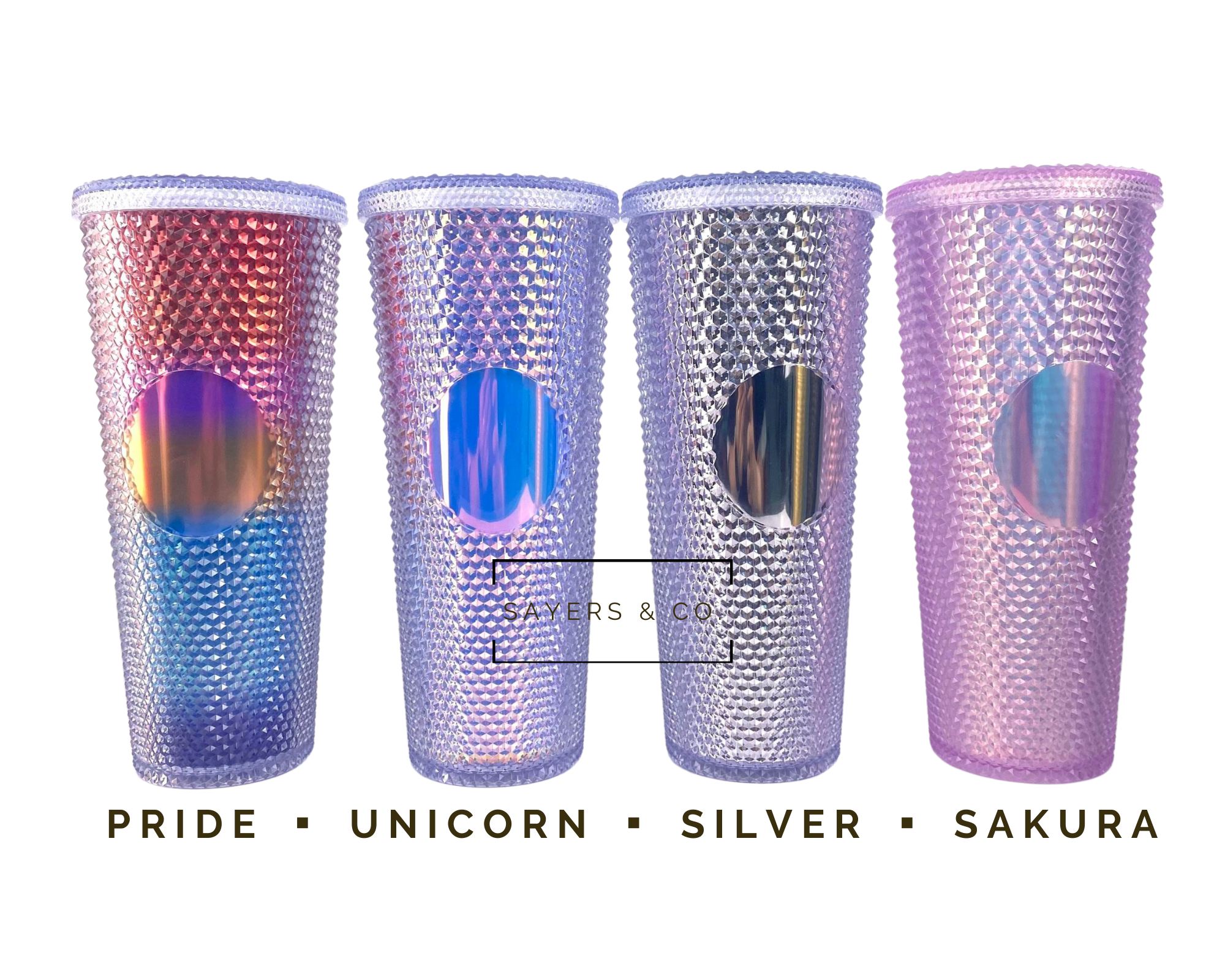 Custom Studded Split Vinyl Monogram Initial 24oz Double Walled Tumbler in various colors with a matching straw.