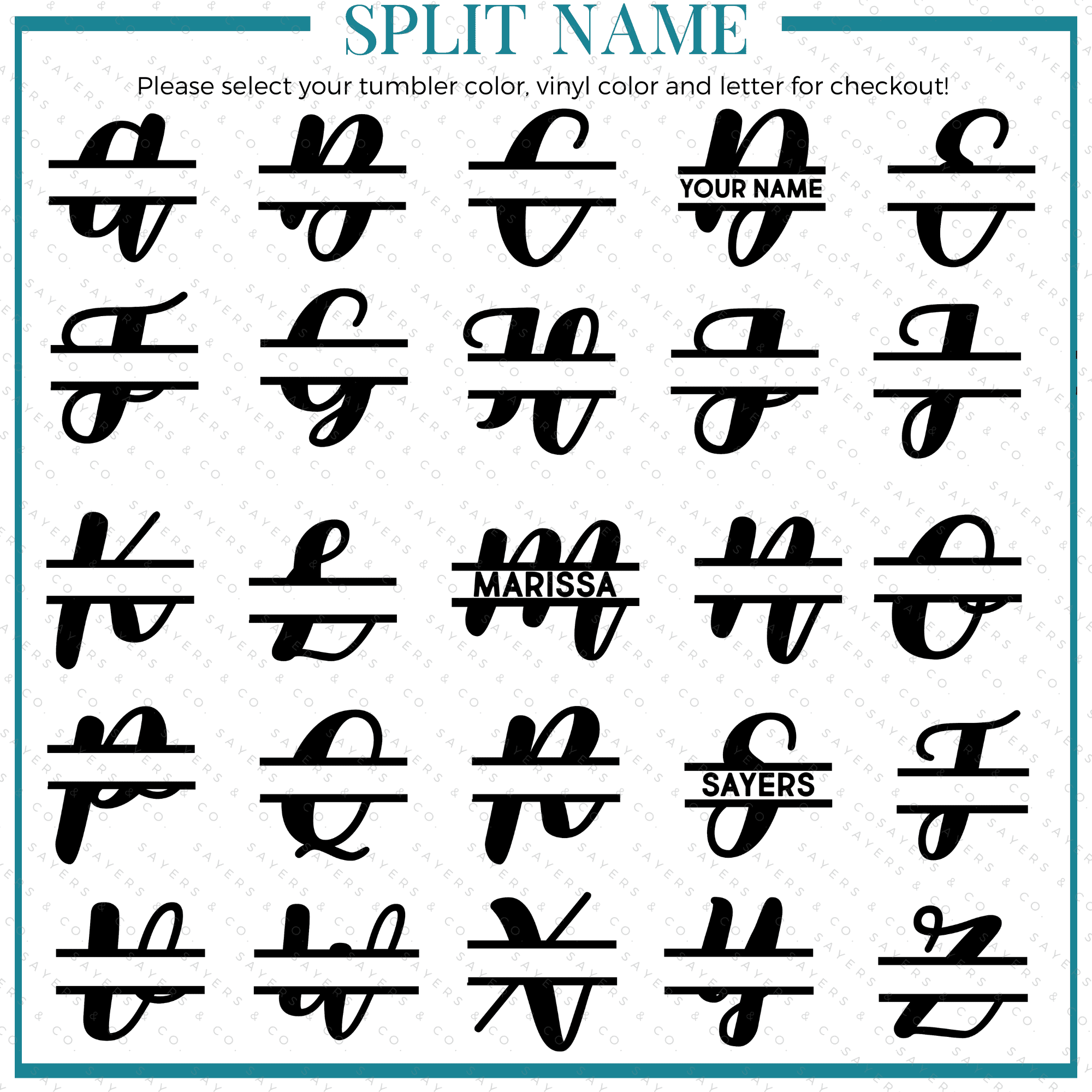 Custom Studded Split Vinyl Monogram Initial 24oz Double Walled Tumbler in various colors with a matching straw.