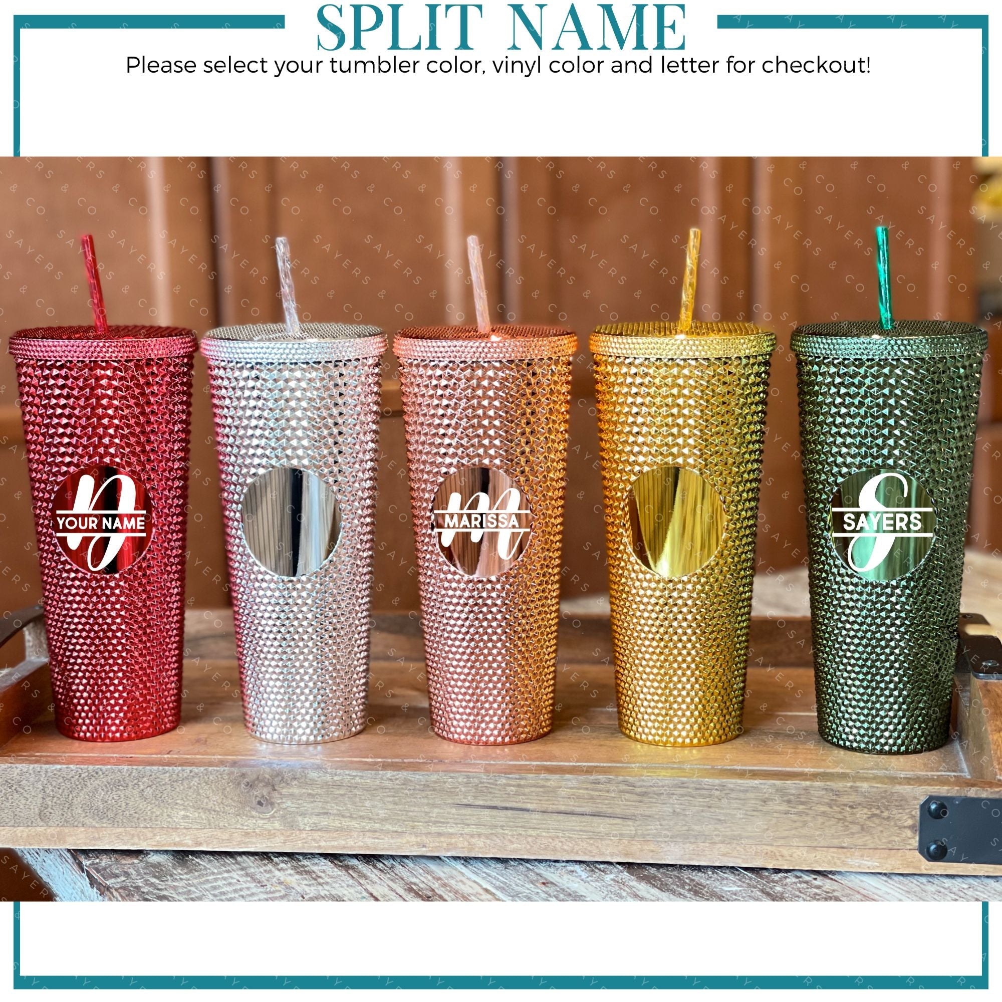 Custom Studded Split Vinyl Monogram Initial 24oz Double Walled Tumbler in various colors with a matching straw.