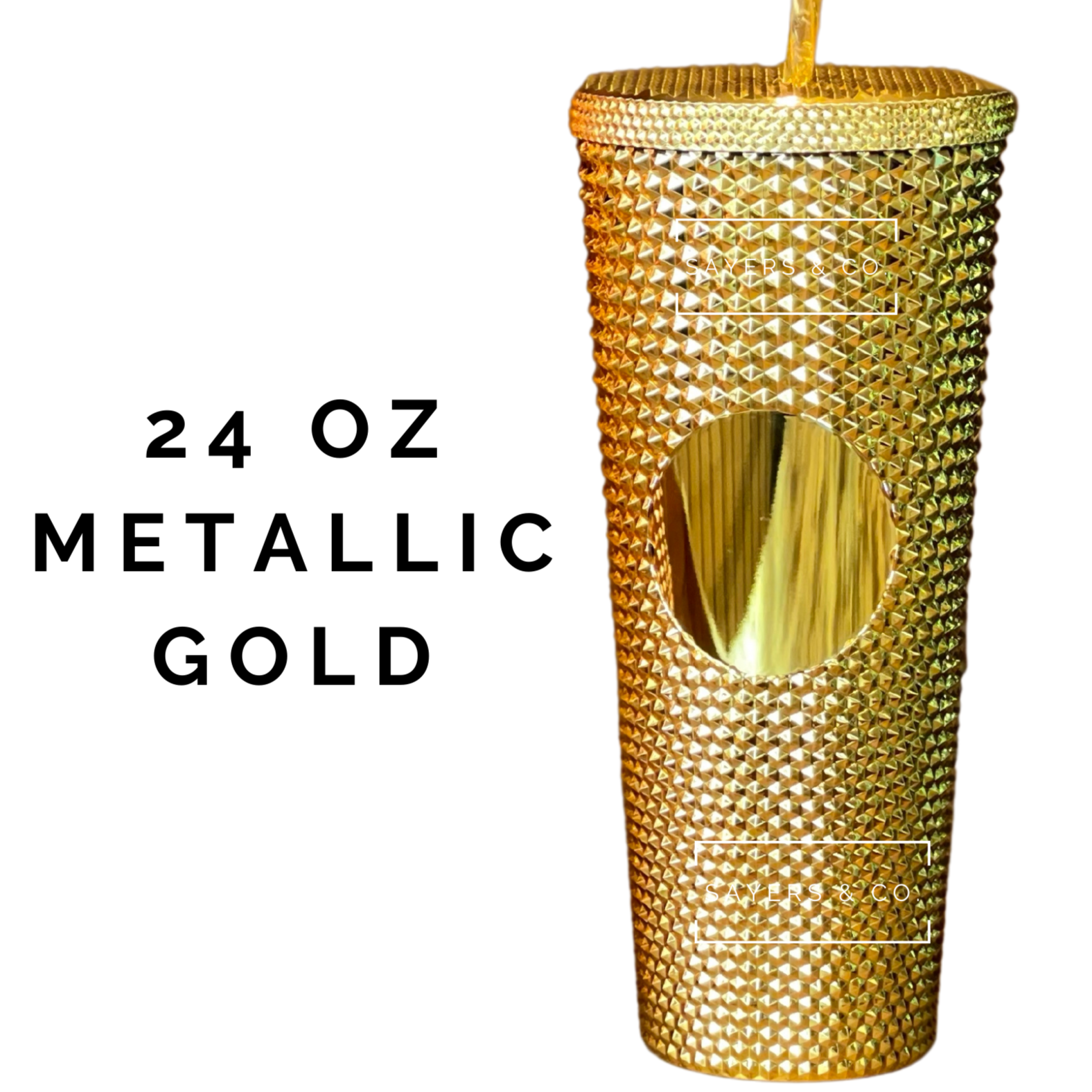 Custom Studded Split Vinyl Monogram Initial 24oz Double Walled Tumbler in various colors with a matching straw.