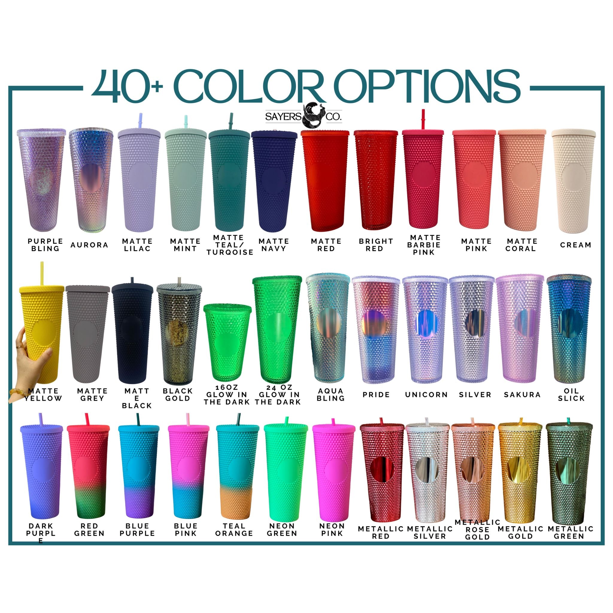 Custom Studded Split Vinyl Monogram Initial 24oz Double Walled Tumbler in various colors with a matching straw.