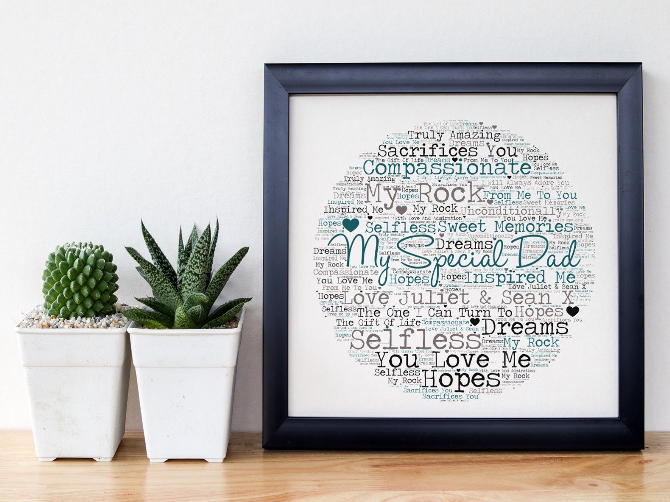 A beautifully framed word art print dedicated to Dad, showcasing personalized words and memories in a stylish 8'x8' frame.