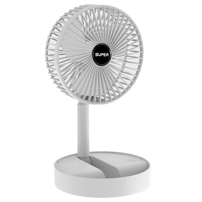 A compact and stylish folding electric fan in white, green, and pink colors, showcasing its portable design and adjustable head.