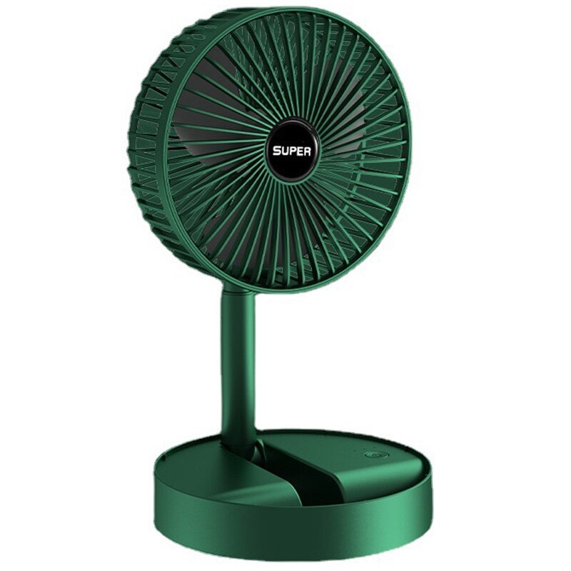 A compact and stylish folding electric fan in white, green, and pink colors, showcasing its portable design and adjustable head.