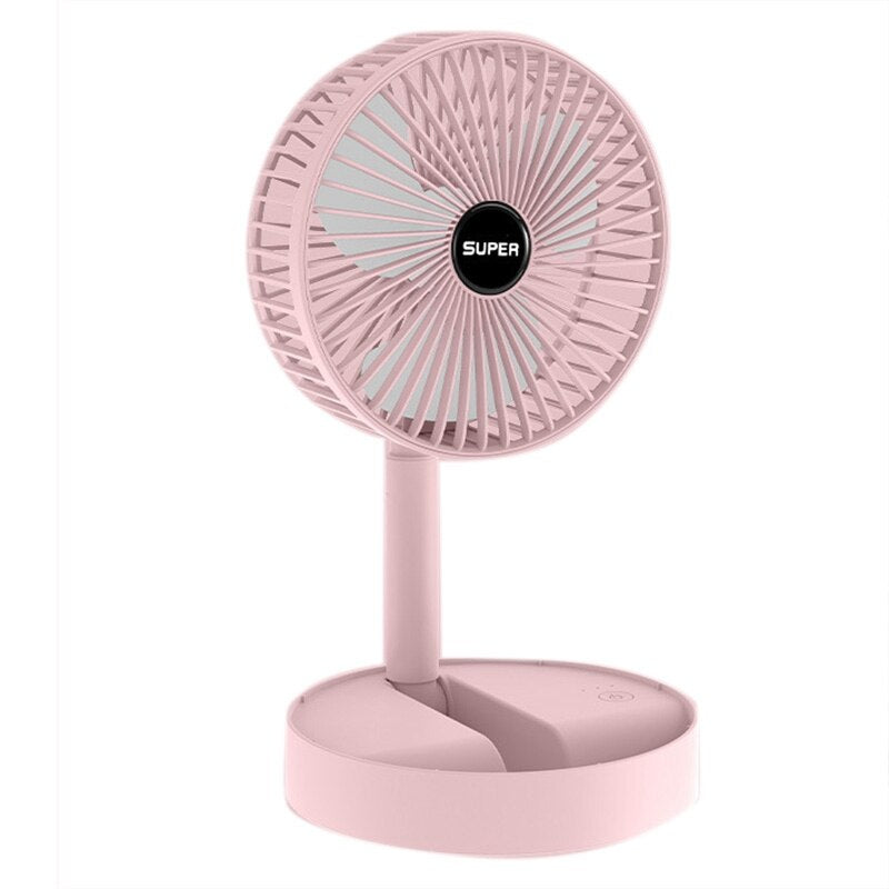 A compact and stylish folding electric fan in white, green, and pink colors, showcasing its portable design and adjustable head.