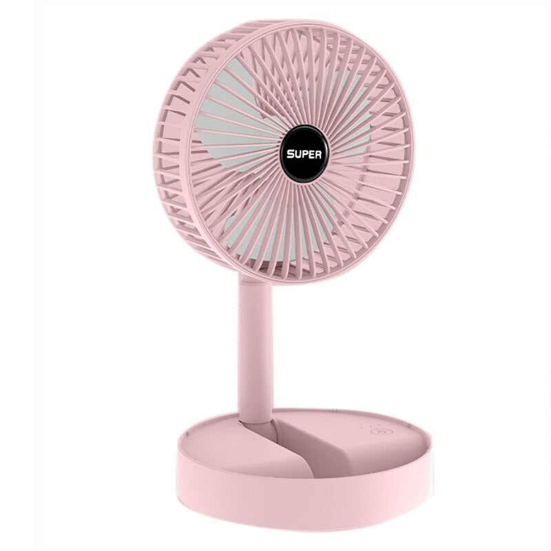 A compact and stylish folding electric fan in white, green, and pink colors, showcasing its portable design and adjustable head.