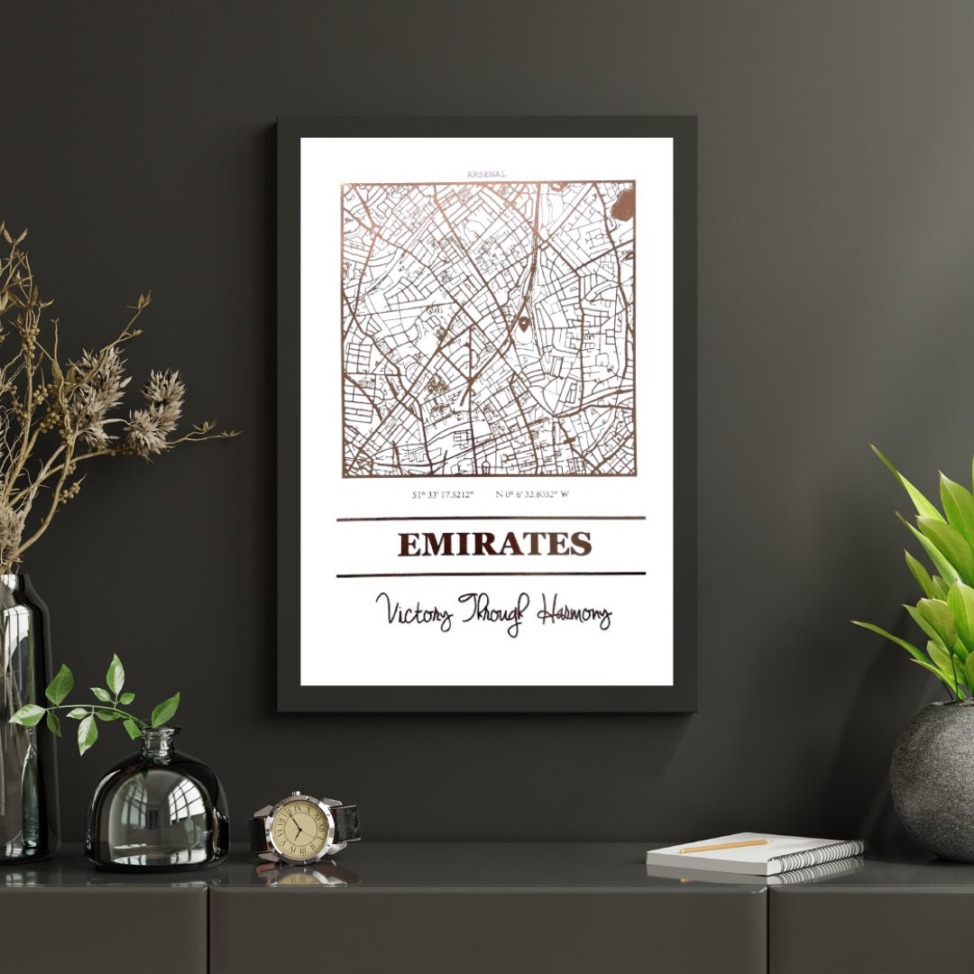 Emirates Stadium foil map print featuring intricate detailing and Arsenal's slogan.