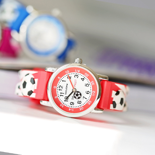 Engraved Kids 3D Football Watch in red with rotating football second hand and personalized engraving.