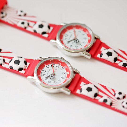 Engraved Kids 3D Football Watch in red with rotating football second hand and personalized engraving.