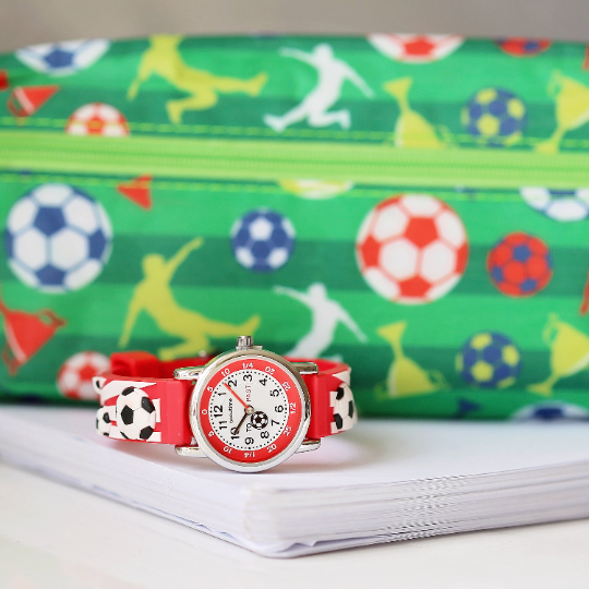 Engraved Kids 3D Football Watch in red with rotating football second hand and personalized engraving.
