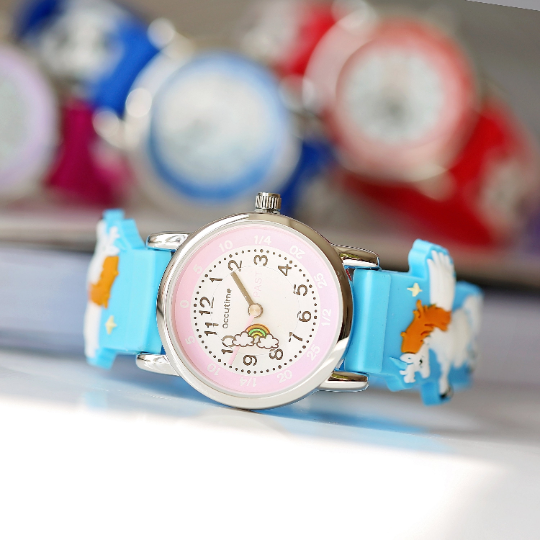 Light blue engraved kids 3D unicorn watch with rotating second hand and personalized message option.