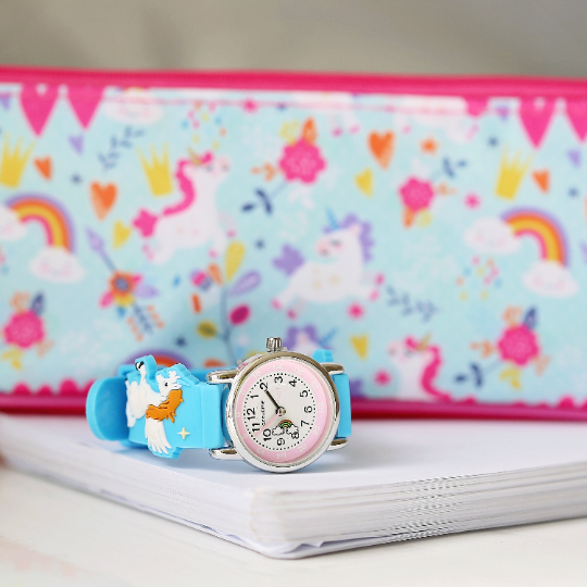 Light blue engraved kids 3D unicorn watch with rotating second hand and personalized message option.
