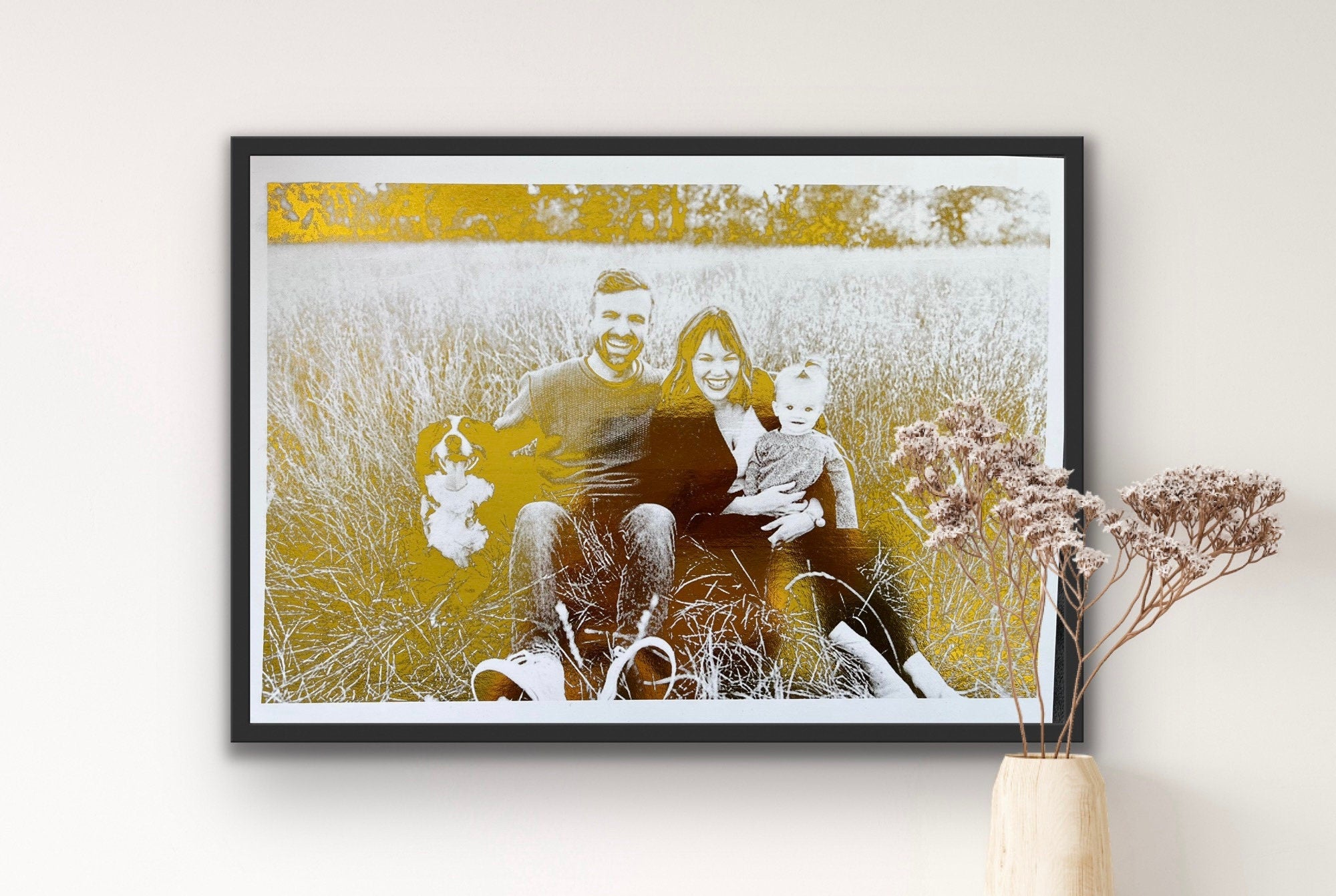 A beautiful Family Portrait Foil Print featuring a customized image with gold foil accents on a white background.