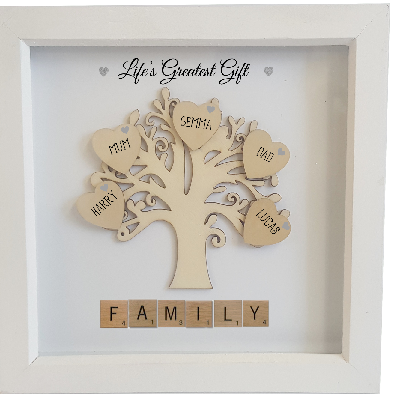 A beautifully framed 3D wooden family tree plaque with personalized names and sparkling diamantes, perfect for home decor.