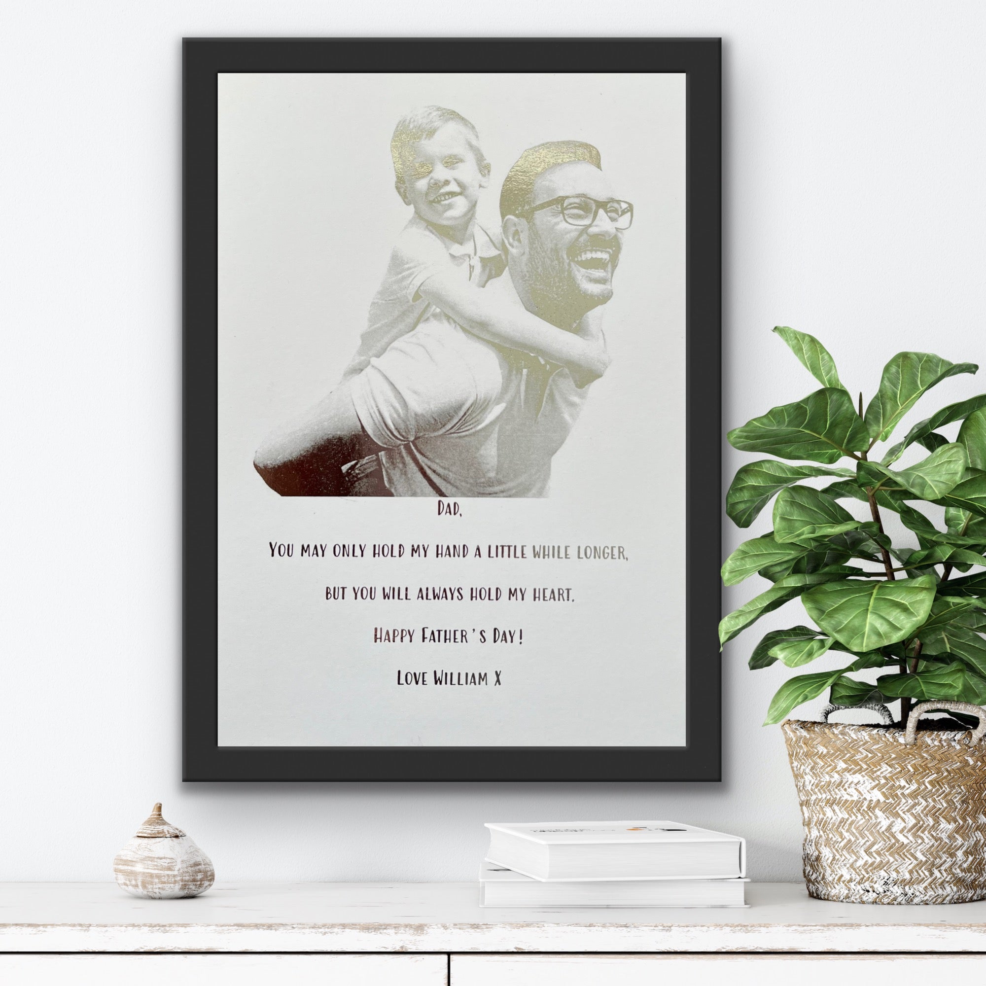 Personalised Father's Day foil print featuring a heartfelt message and family photo.