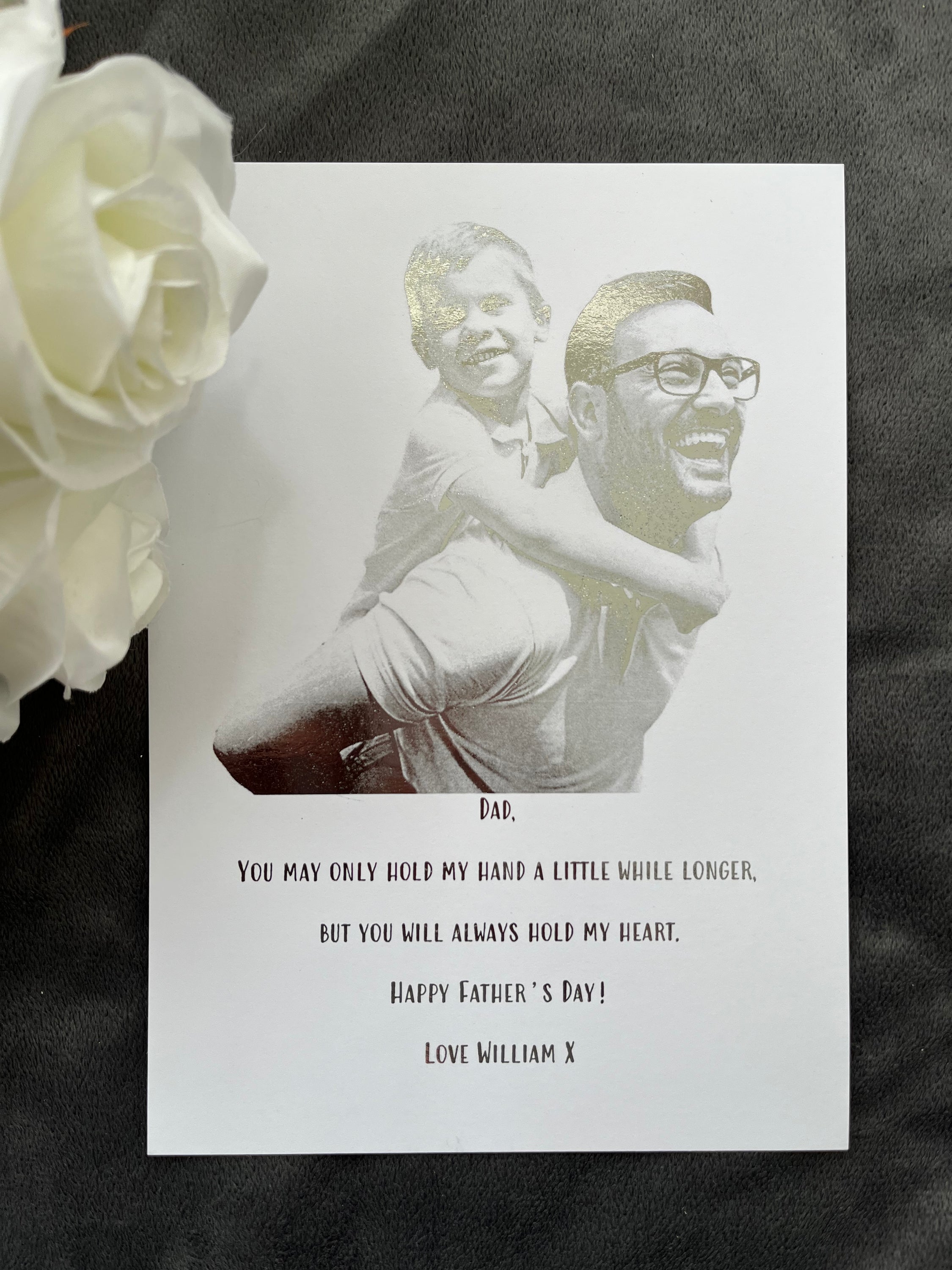 Personalised Father's Day foil print featuring a heartfelt message and family photo.