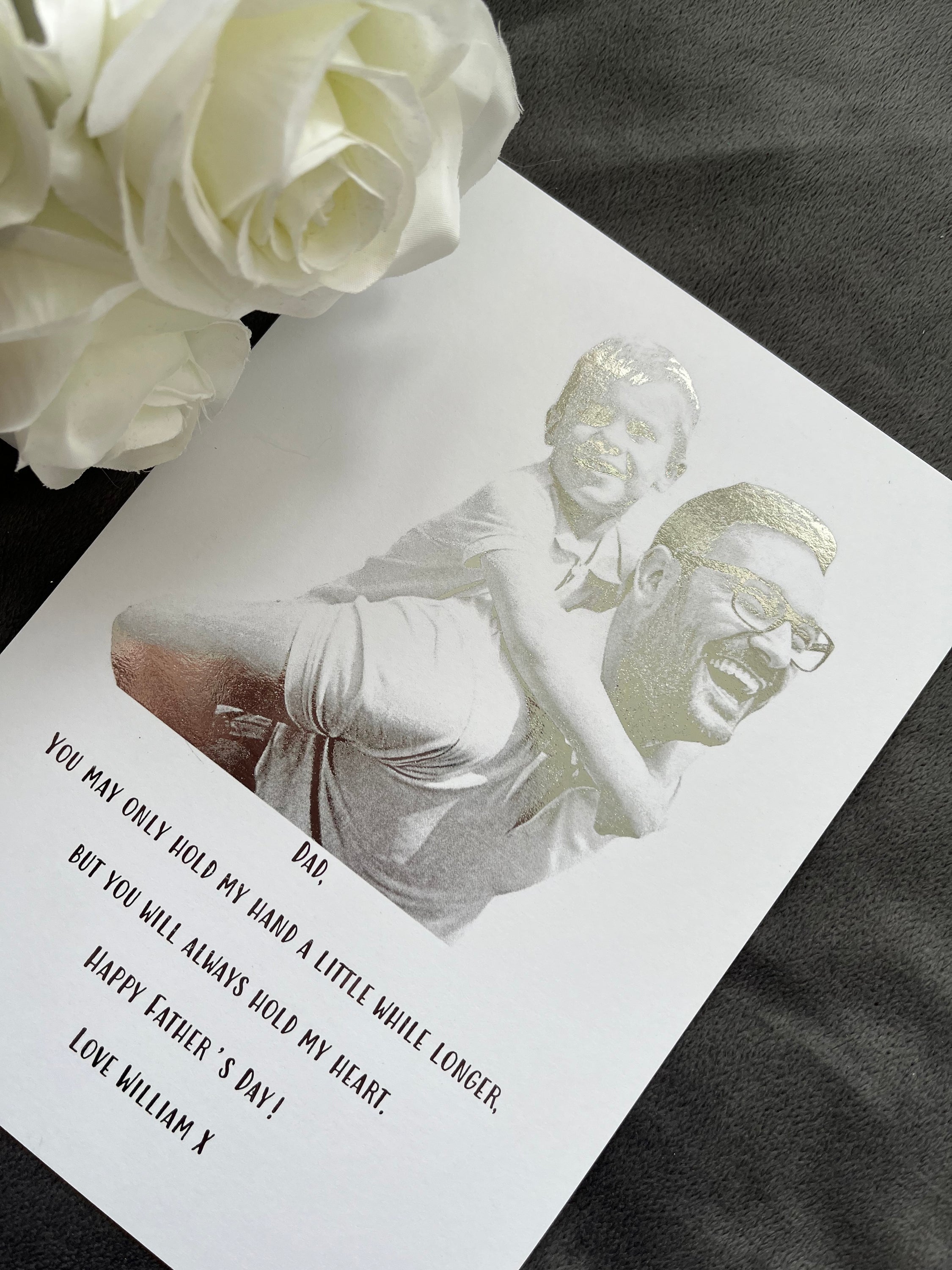 Personalised Father's Day foil print featuring a heartfelt message and family photo.