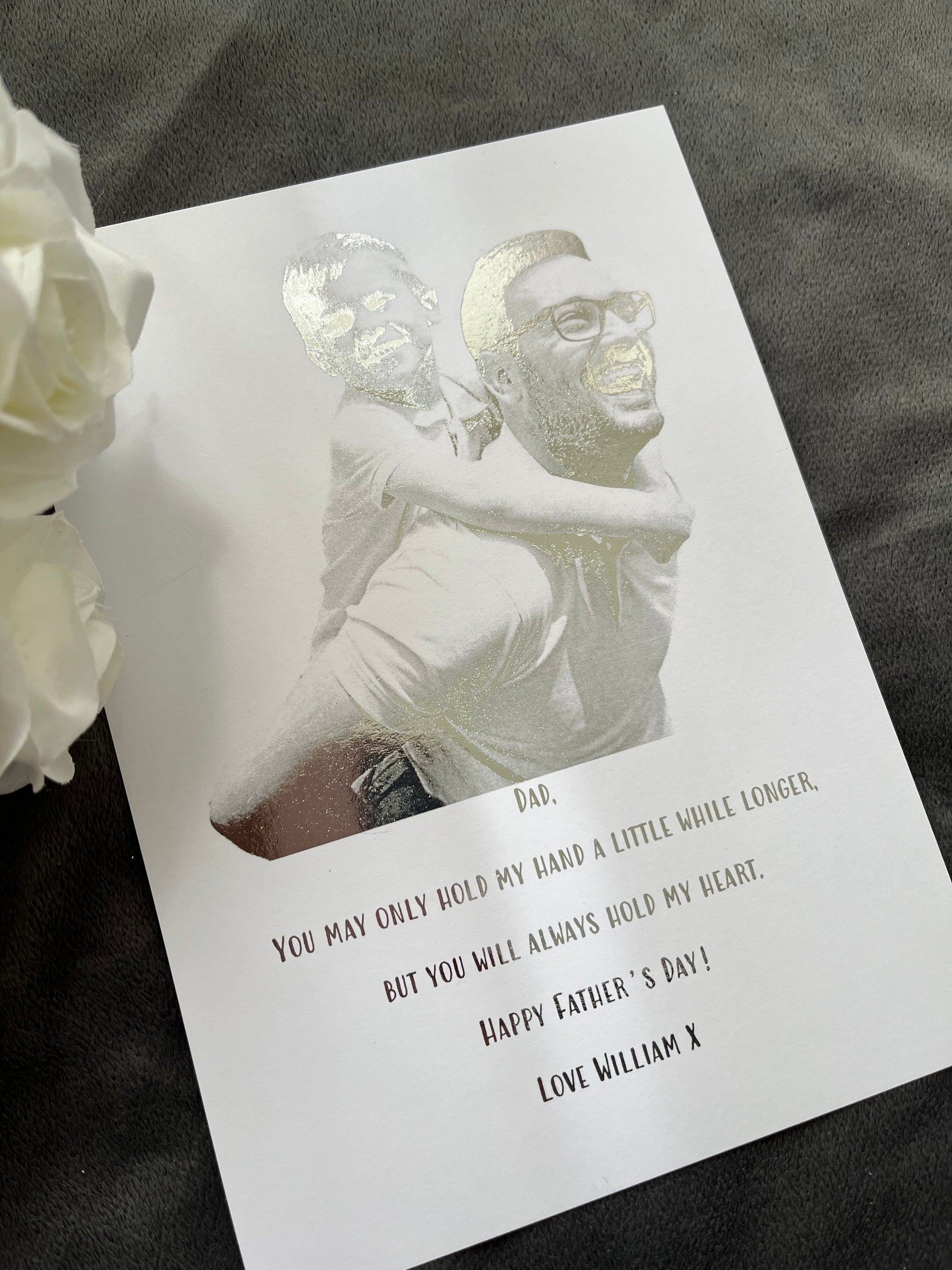 Personalised Father's Day foil print featuring a heartfelt message and family photo.