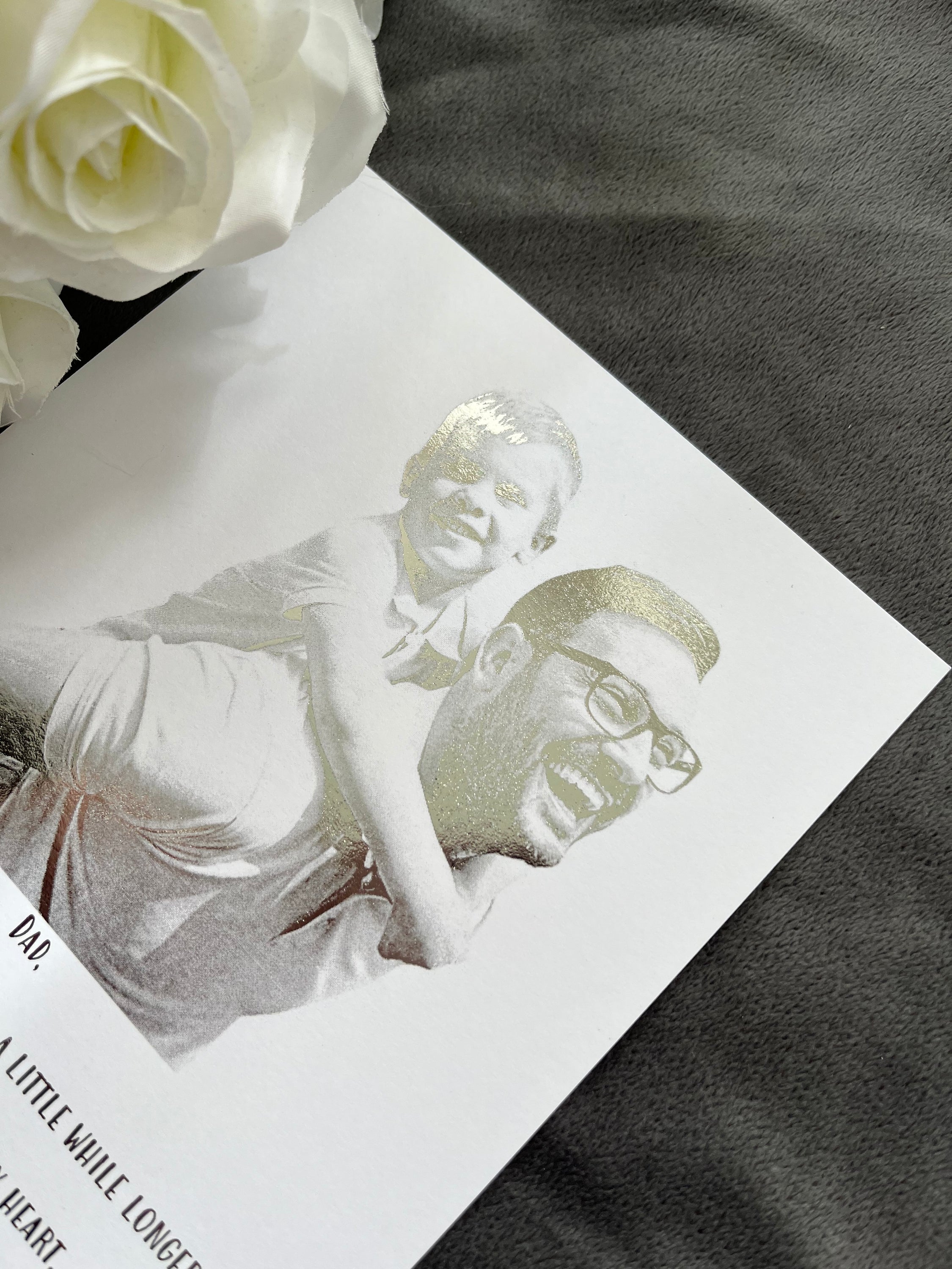 Personalised Father's Day foil print featuring a heartfelt message and family photo.
