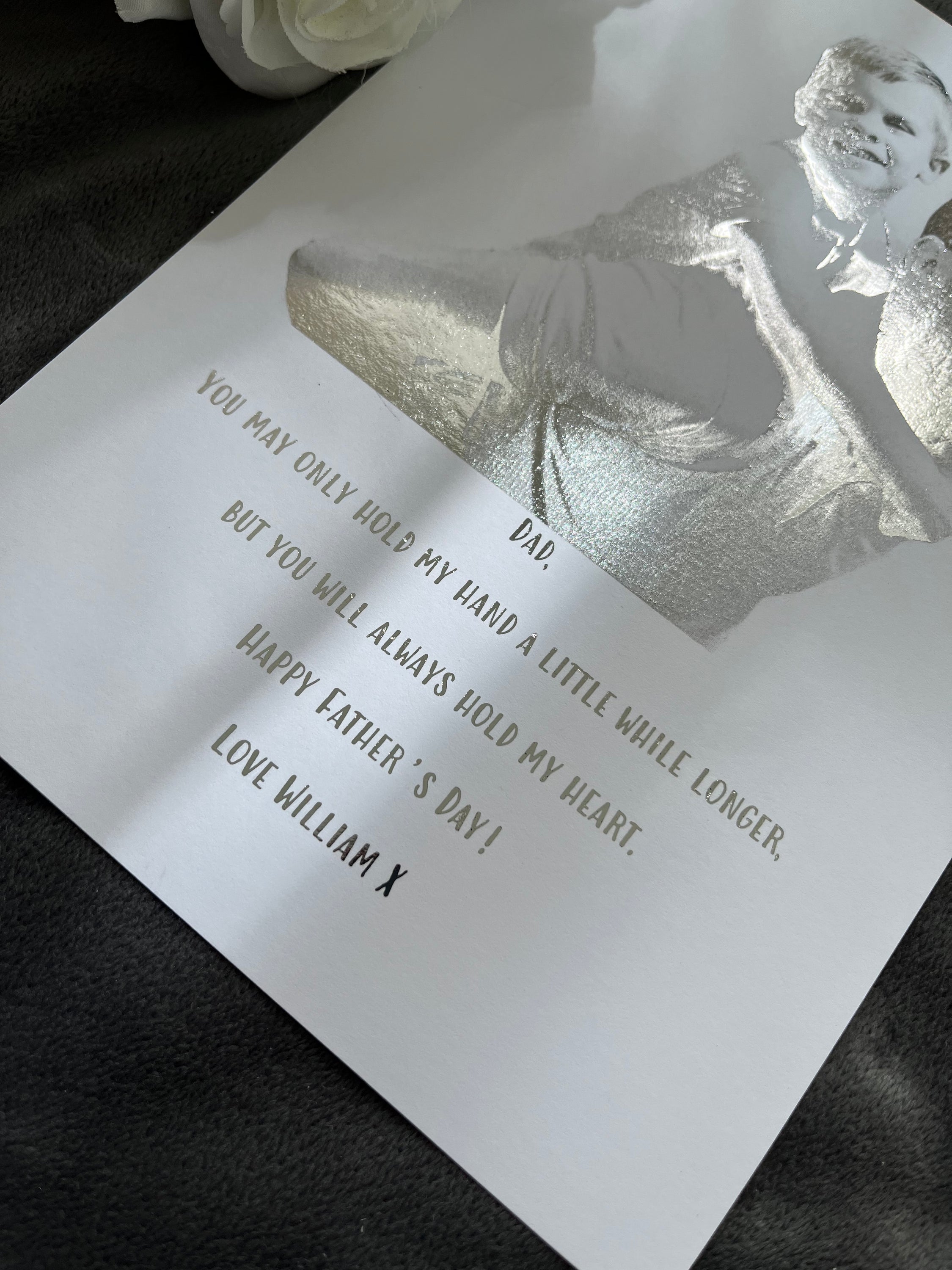 Personalised Father's Day foil print featuring a heartfelt message and family photo.