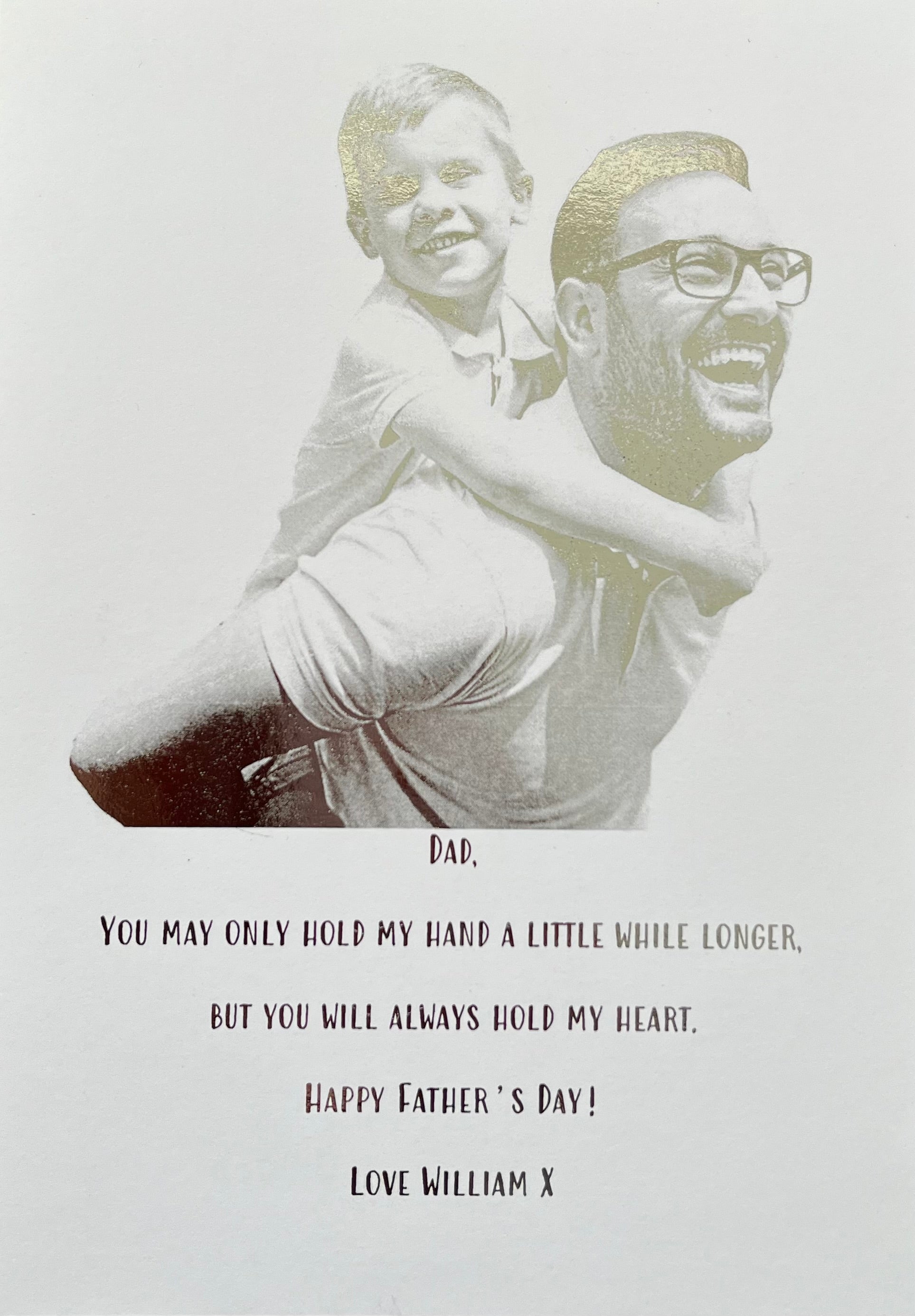 Personalised Father's Day foil print featuring a heartfelt message and family photo.