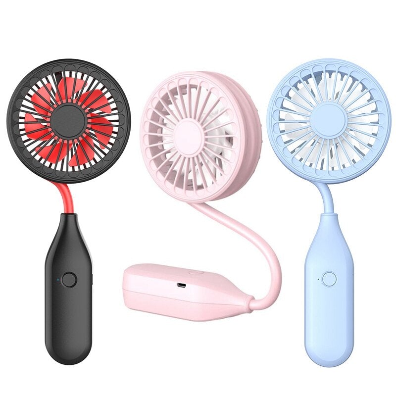 Folding handheld mini fan in blue, red, and pink colors, showcasing its compact design and USB charging feature.