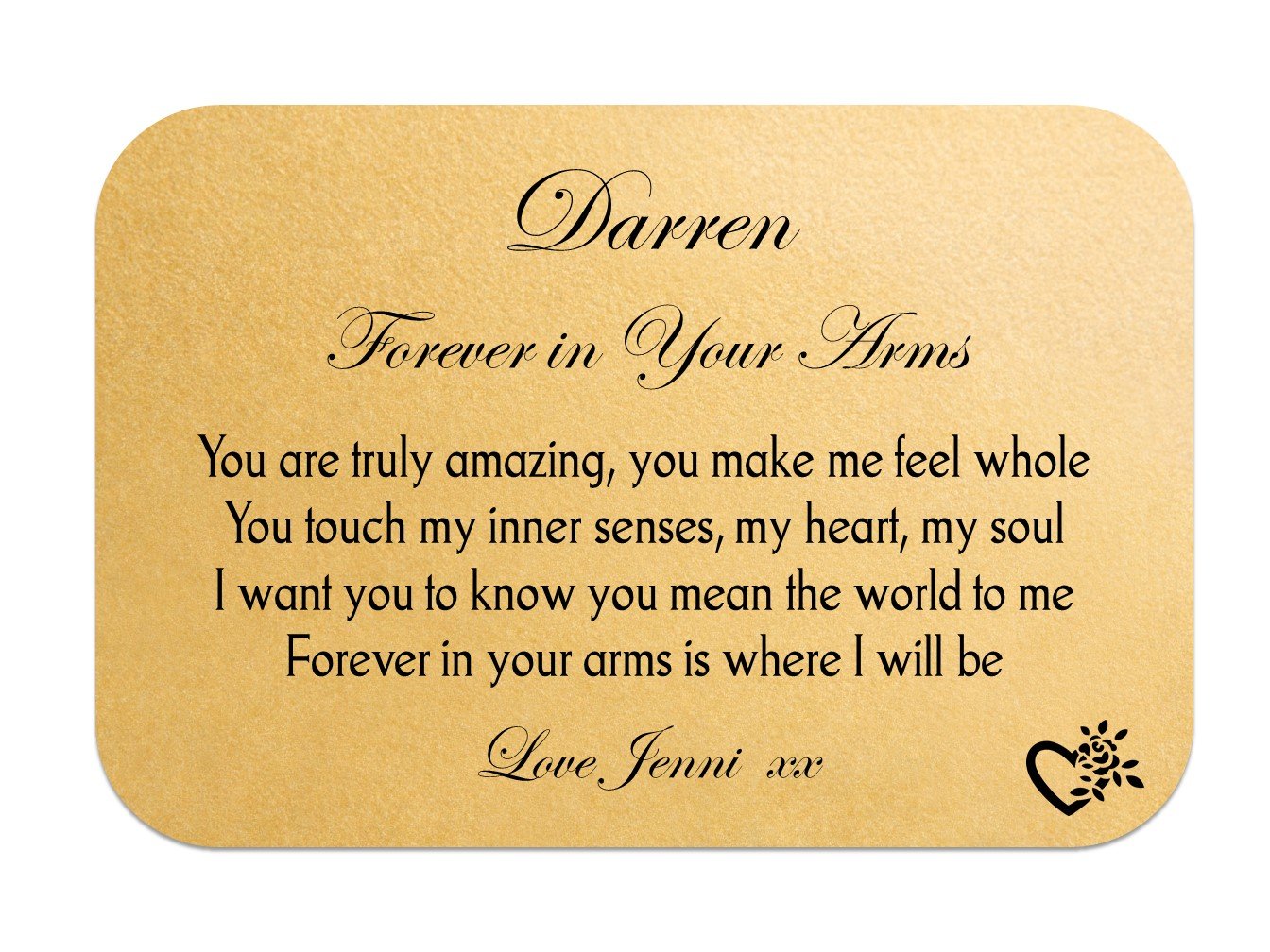 A personalised aluminium wallet card with smooth finish, engraved with names, perfect for expressing love.