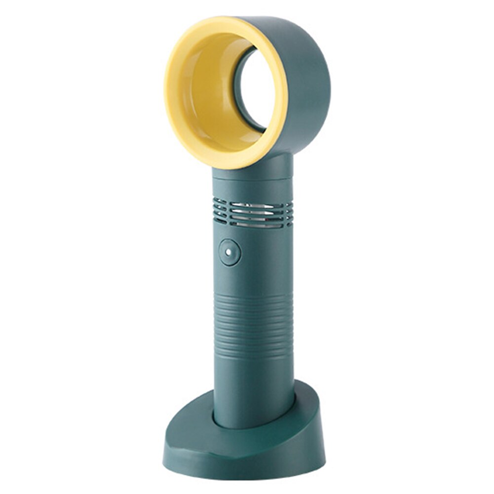 Portable bladeless fan in black, white, and green colors, designed for handheld and desktop use, perfect for summer travel.