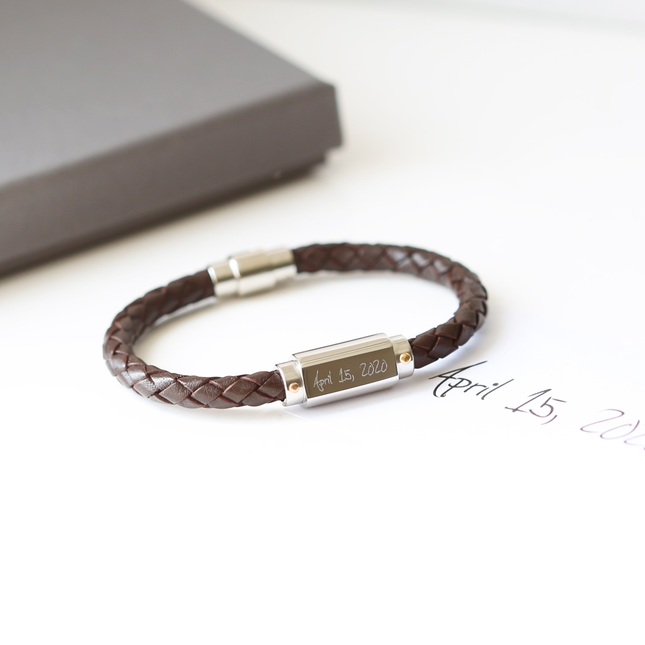 Handwriting Engraved Twisted Leather Bracelet featuring a stylish design with a magnetic clasp and personalized engraving.