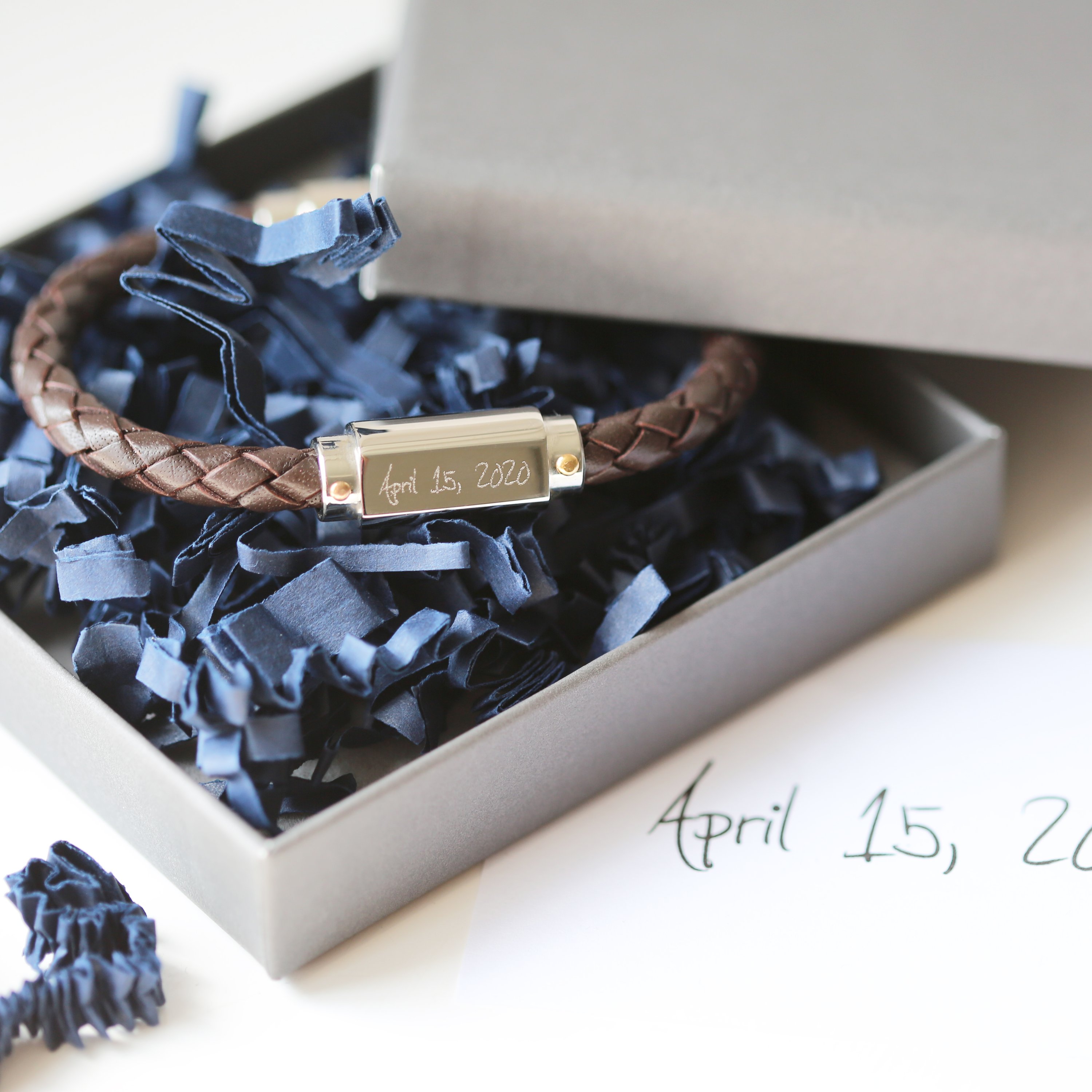 Handwriting Engraved Twisted Leather Bracelet featuring a stylish design with a magnetic clasp and personalized engraving.