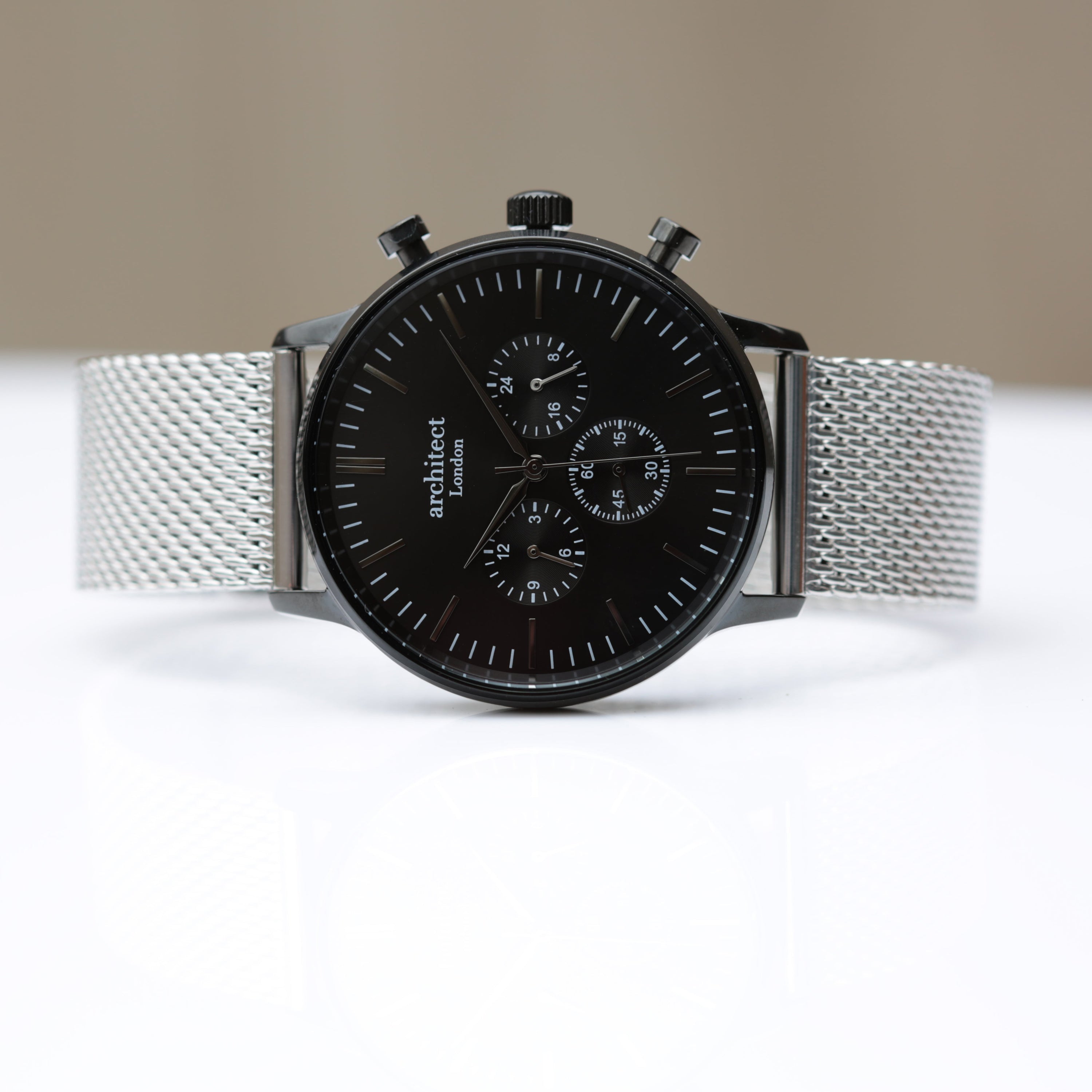 Men's Architect Motivator Black Face Watch with silver Milanese mesh strap and engraving area.