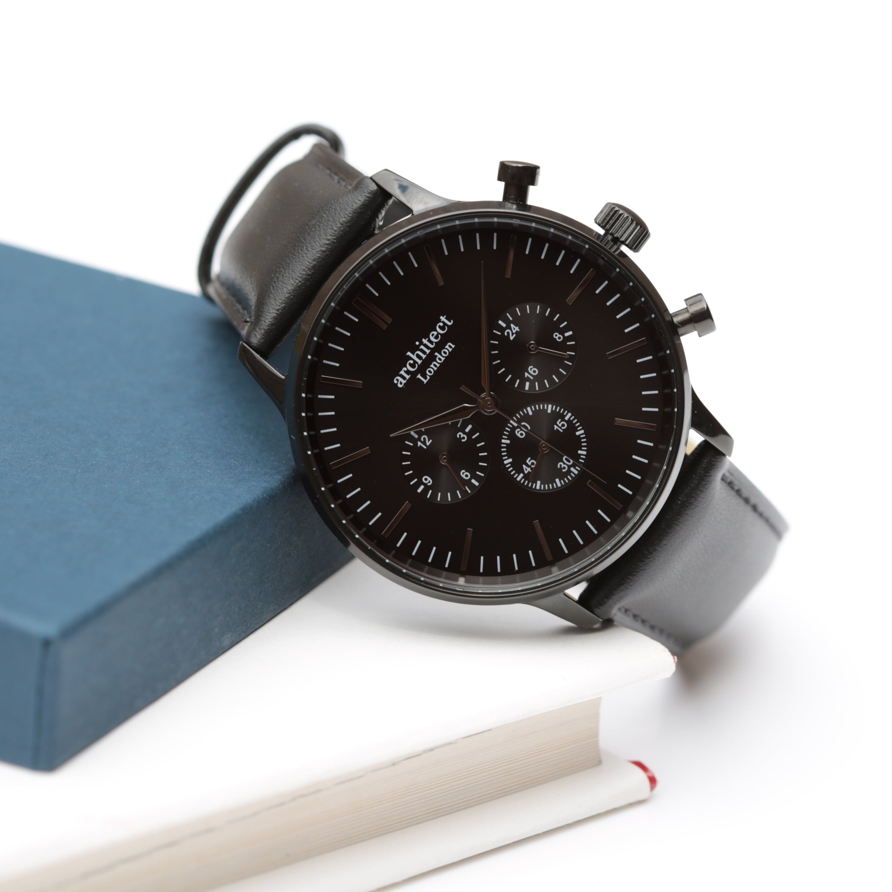 Men's Architect Motivator Watch in black with black leather strap, featuring three chronograph subdials and a personalised engraving area.