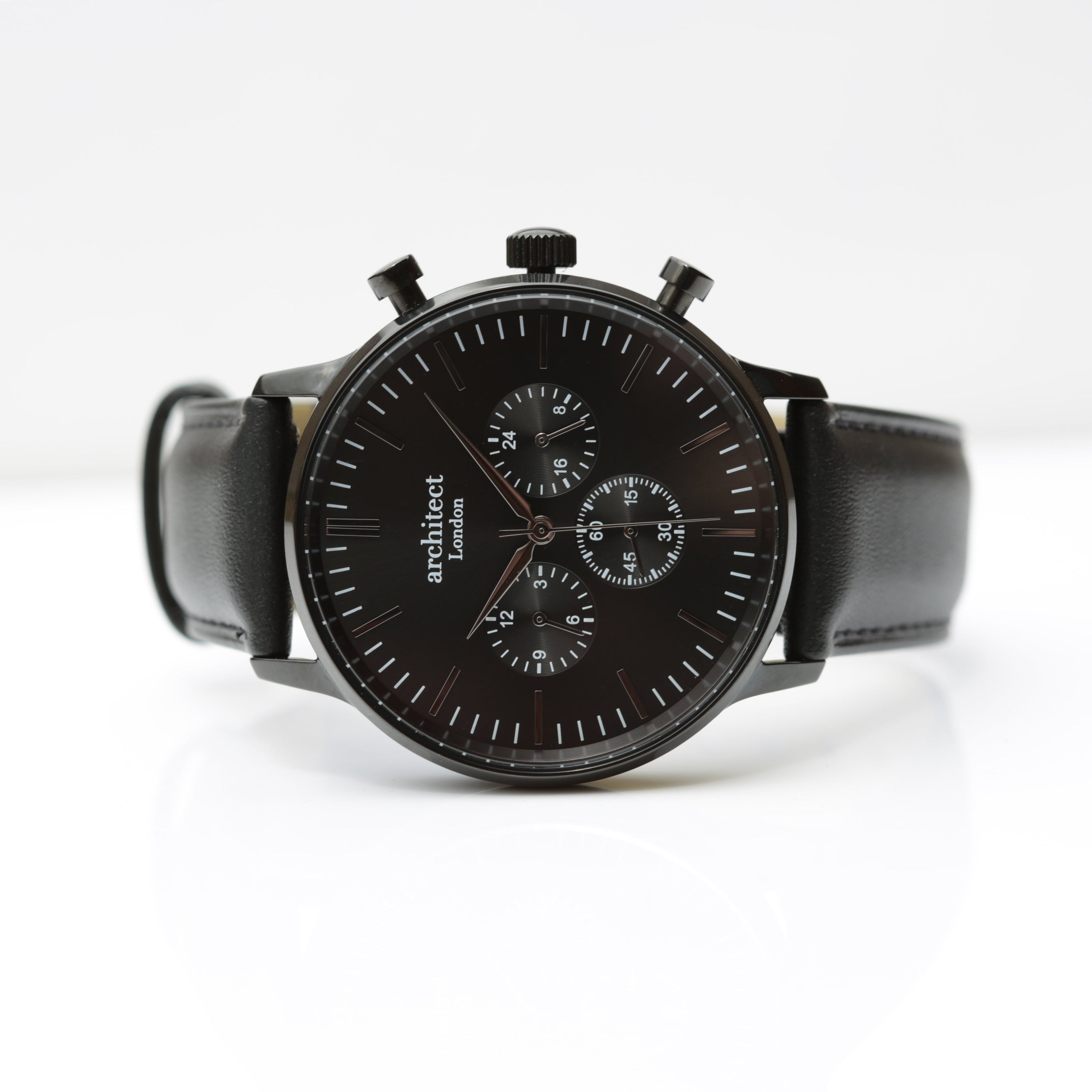 Men's Architect Motivator Watch in black with black leather strap, featuring three chronograph subdials and a personalised engraving area.