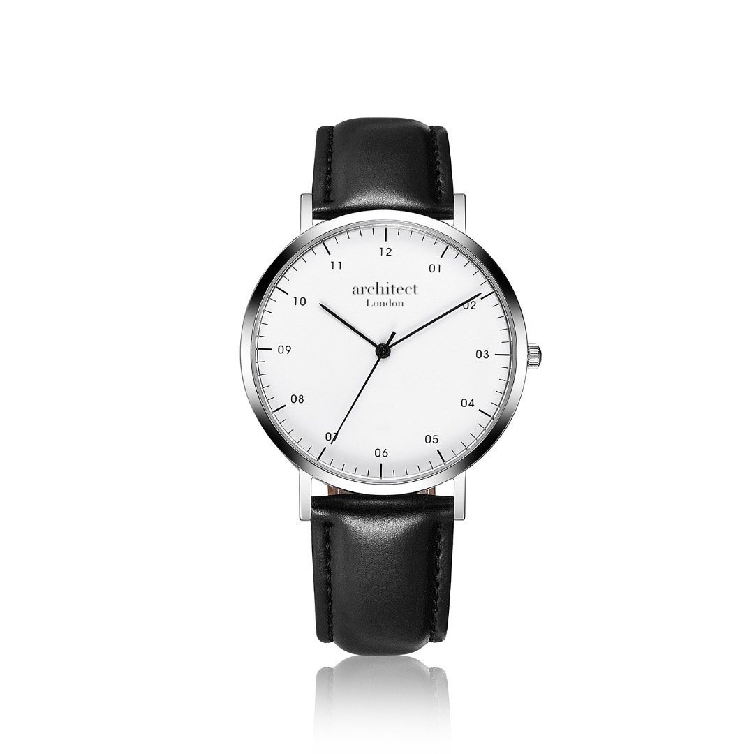 Men's Architect Zephyr watch with a jet black leather strap and personalized handwriting engraving on the back.