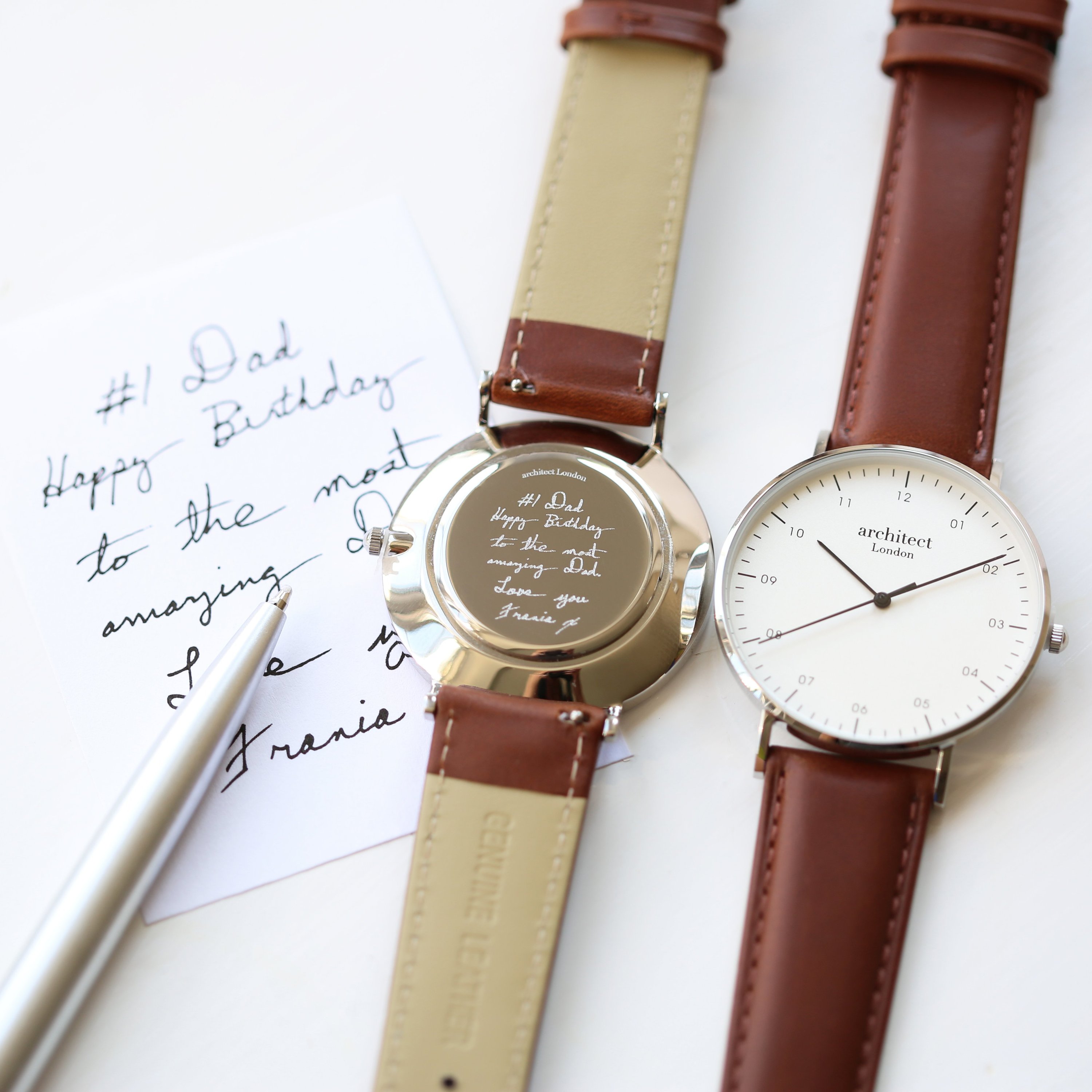 Men's Architect Zephyr watch featuring a walnut strap and personalized handwriting engraving on the back.