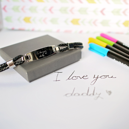 Handwriting Engraving Men's Woven Leather Bracelet featuring genuine leather and stainless steel engraving.
