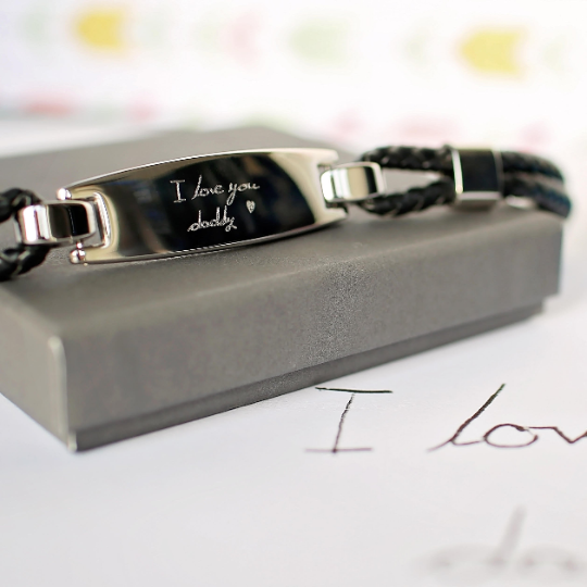 Handwriting Engraving Men's Woven Leather Bracelet featuring genuine leather and stainless steel engraving.
