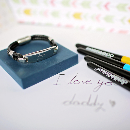 Handwriting Engraving Men's Woven Leather Bracelet featuring genuine leather and stainless steel engraving.