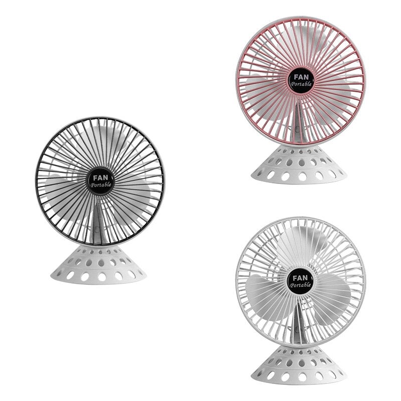 Household Portable USB Big Head Electric Fan in black, pink, and white colors, showcasing its compact design and safety features.