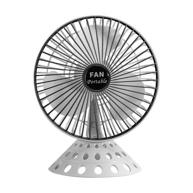 Household Portable USB Big Head Electric Fan in black, pink, and white colors, showcasing its compact design and safety features.