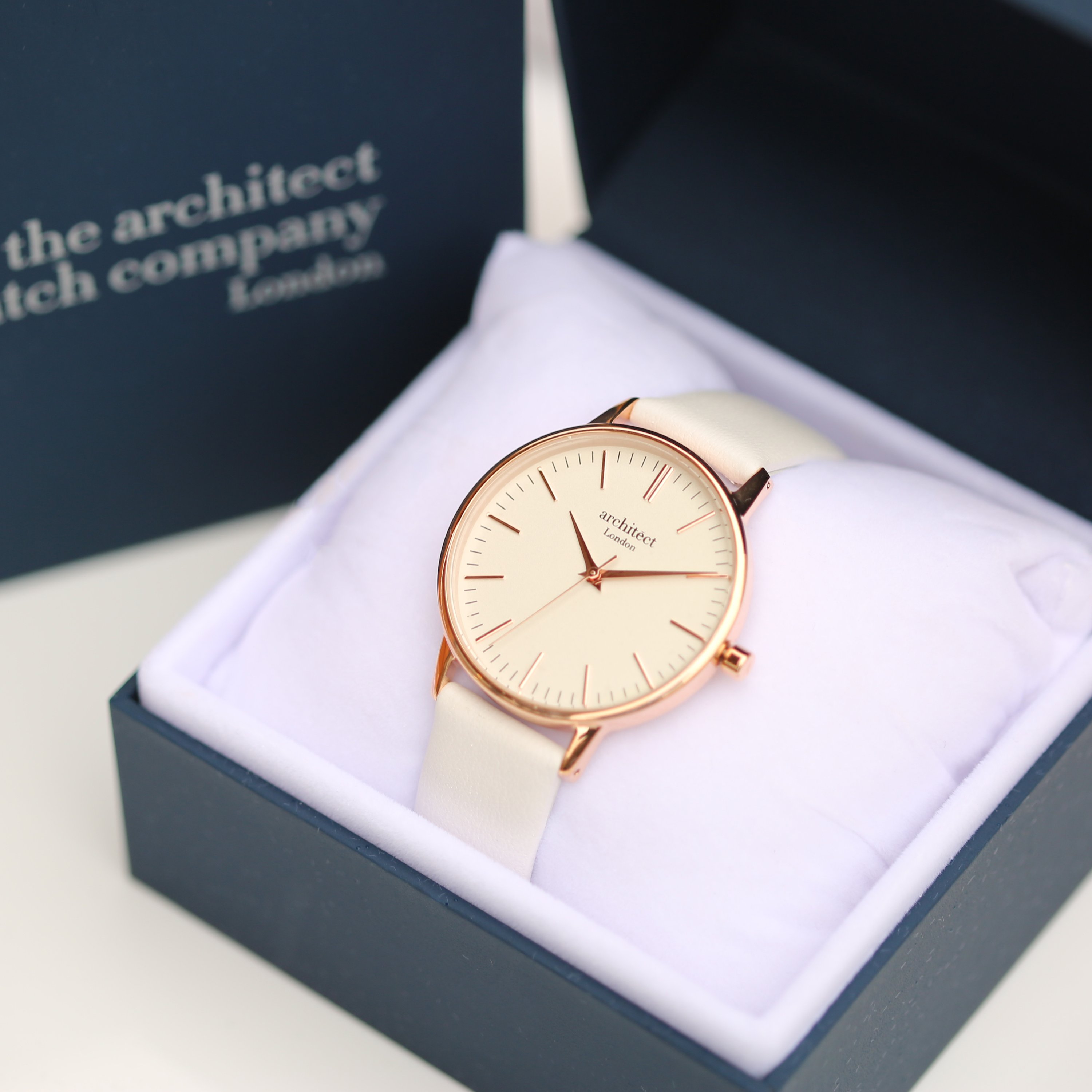 Ladies Architēct Blanc watch featuring a white genuine leather strap and personalized handwriting engraving on the back.