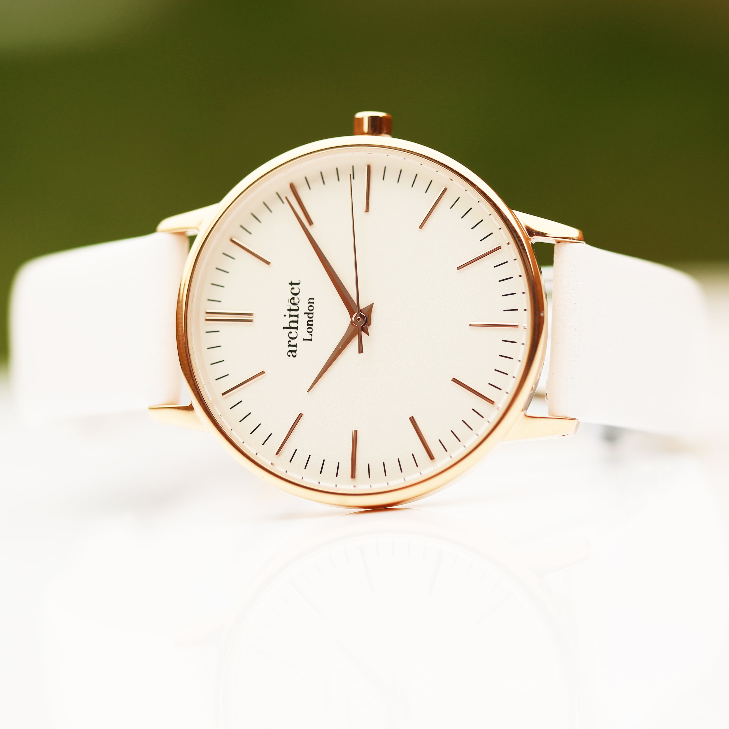 Ladies Architēct Blanc watch featuring a white genuine leather strap and personalized handwriting engraving on the back.