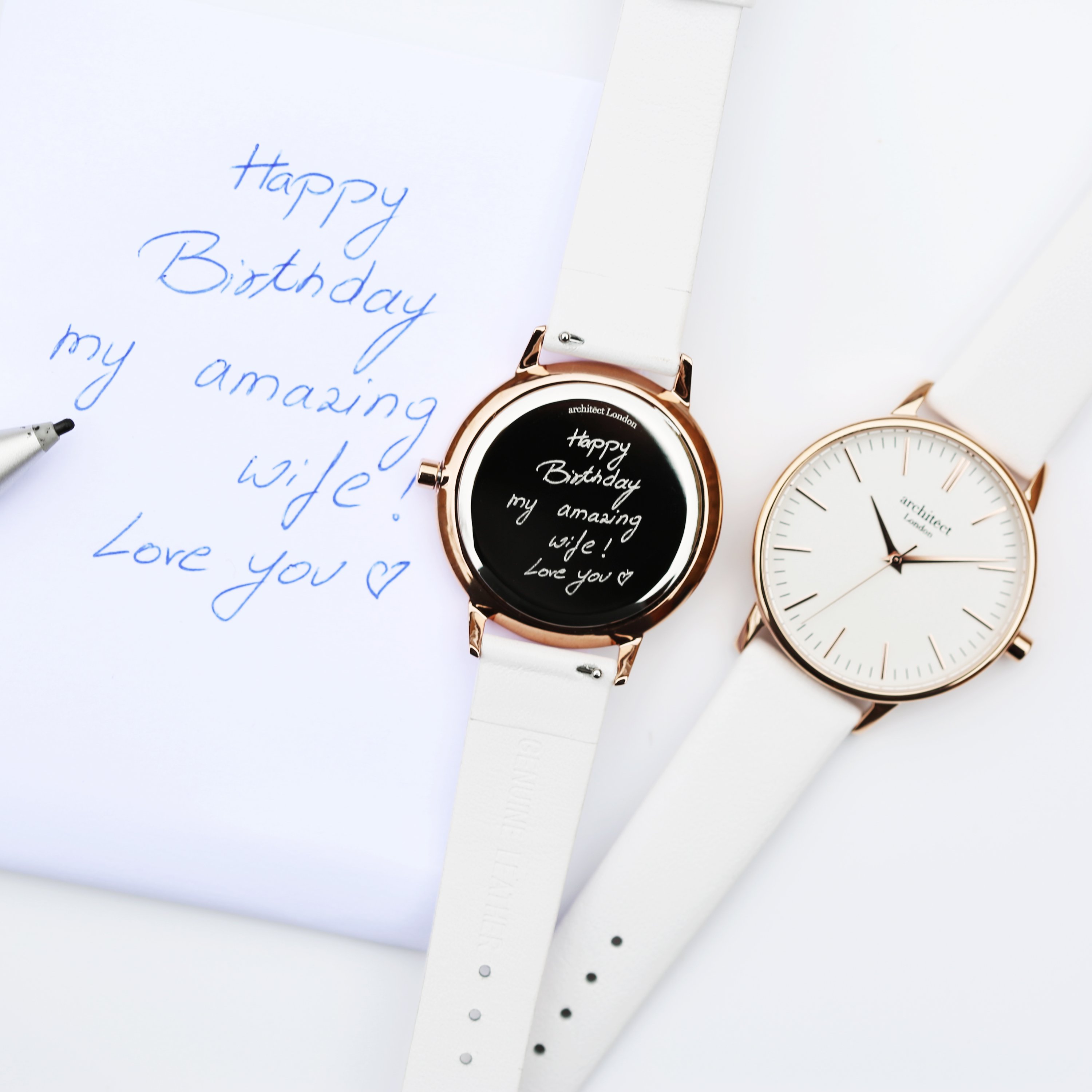 Ladies Architēct Blanc watch featuring a white genuine leather strap and personalized handwriting engraving on the back.