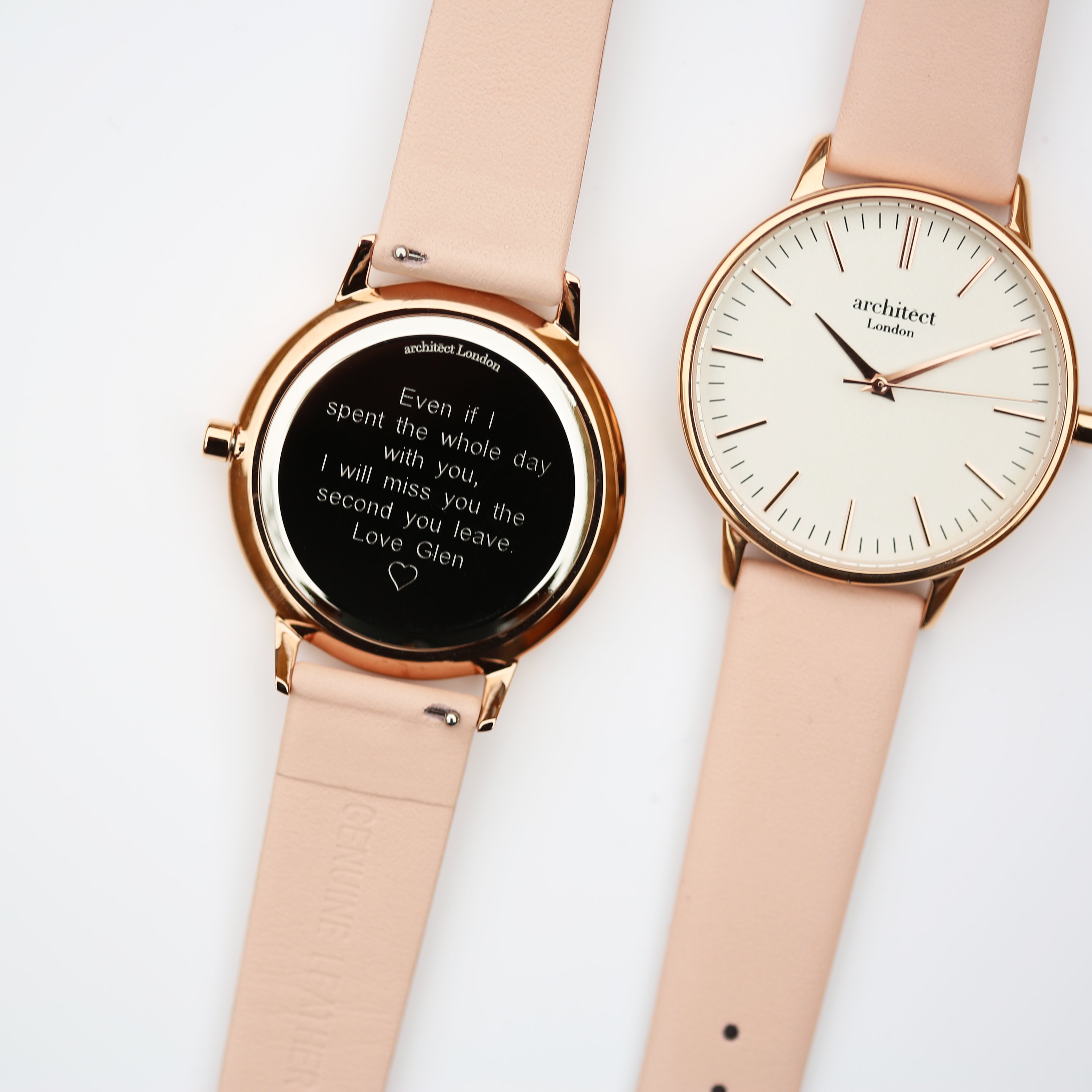 Ladies Architēct Blanc watch featuring a light pink leather strap and modern font engraving on the back, elegantly designed for any occasion.