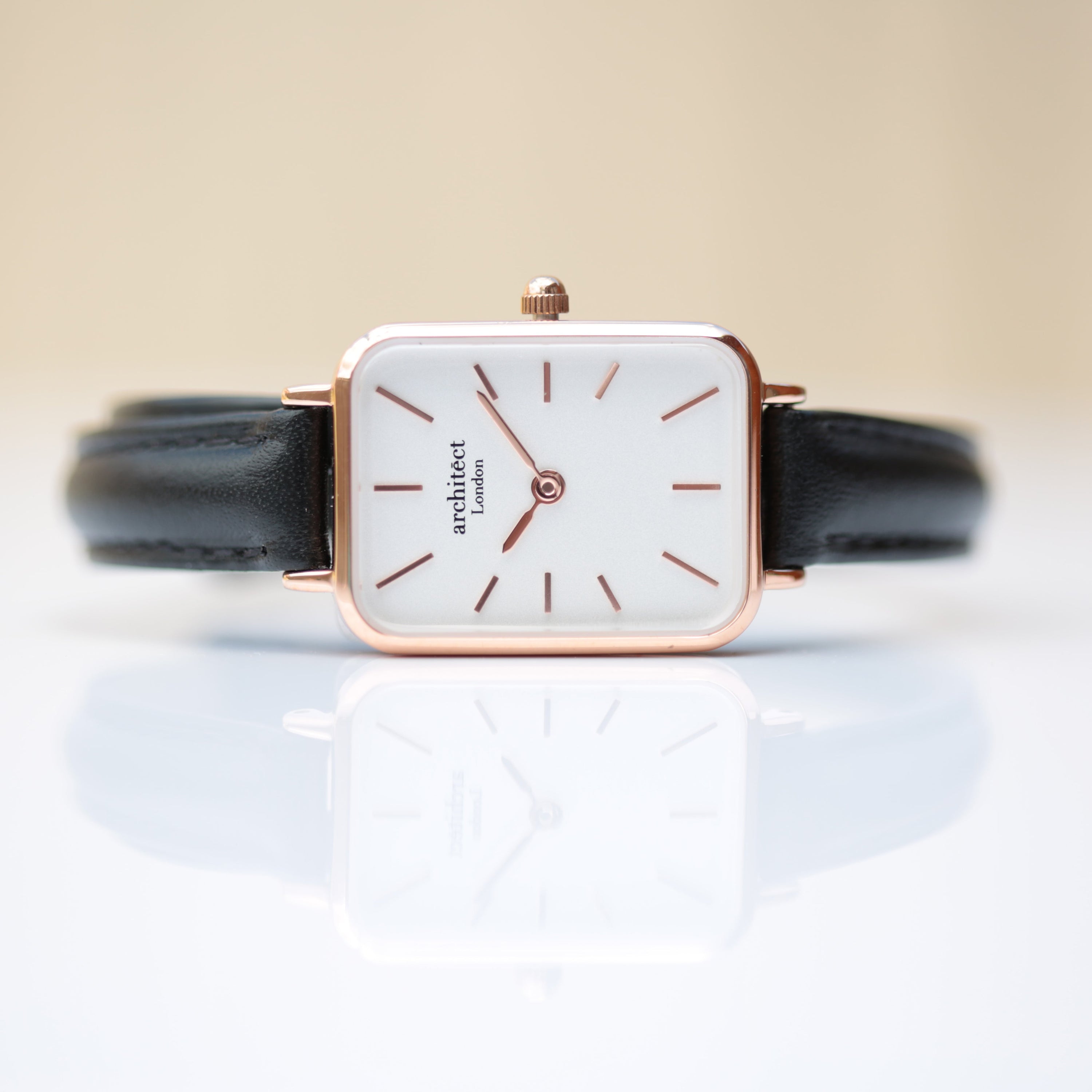 Ladies Architēct Lille watch in Brilliant White with a modern font engraving on the back, featuring a stainless steel case and genuine leather strap.