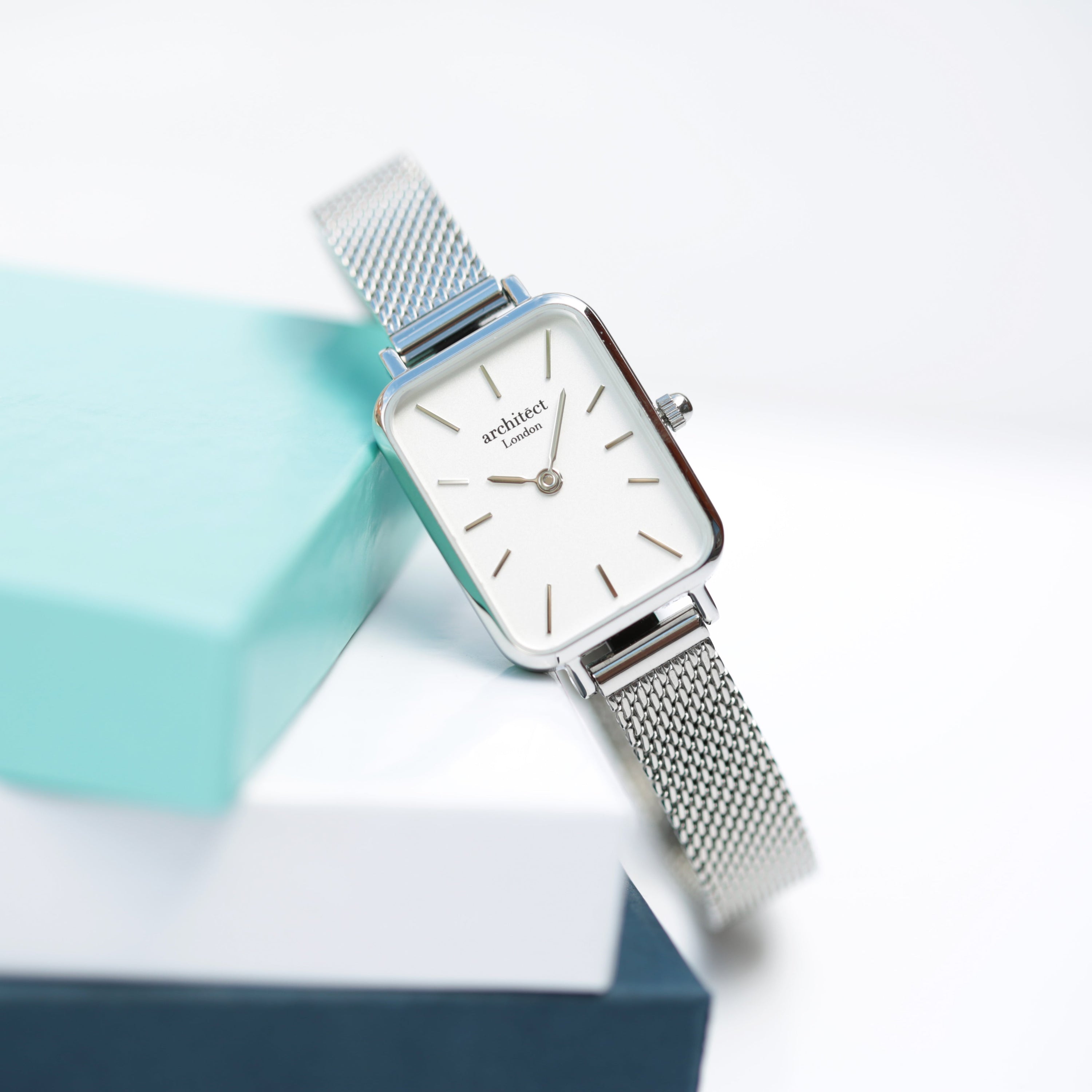 Ladies Architēct Lille watch in Cloud Silver with a silver mesh strap and modern font engraving option.