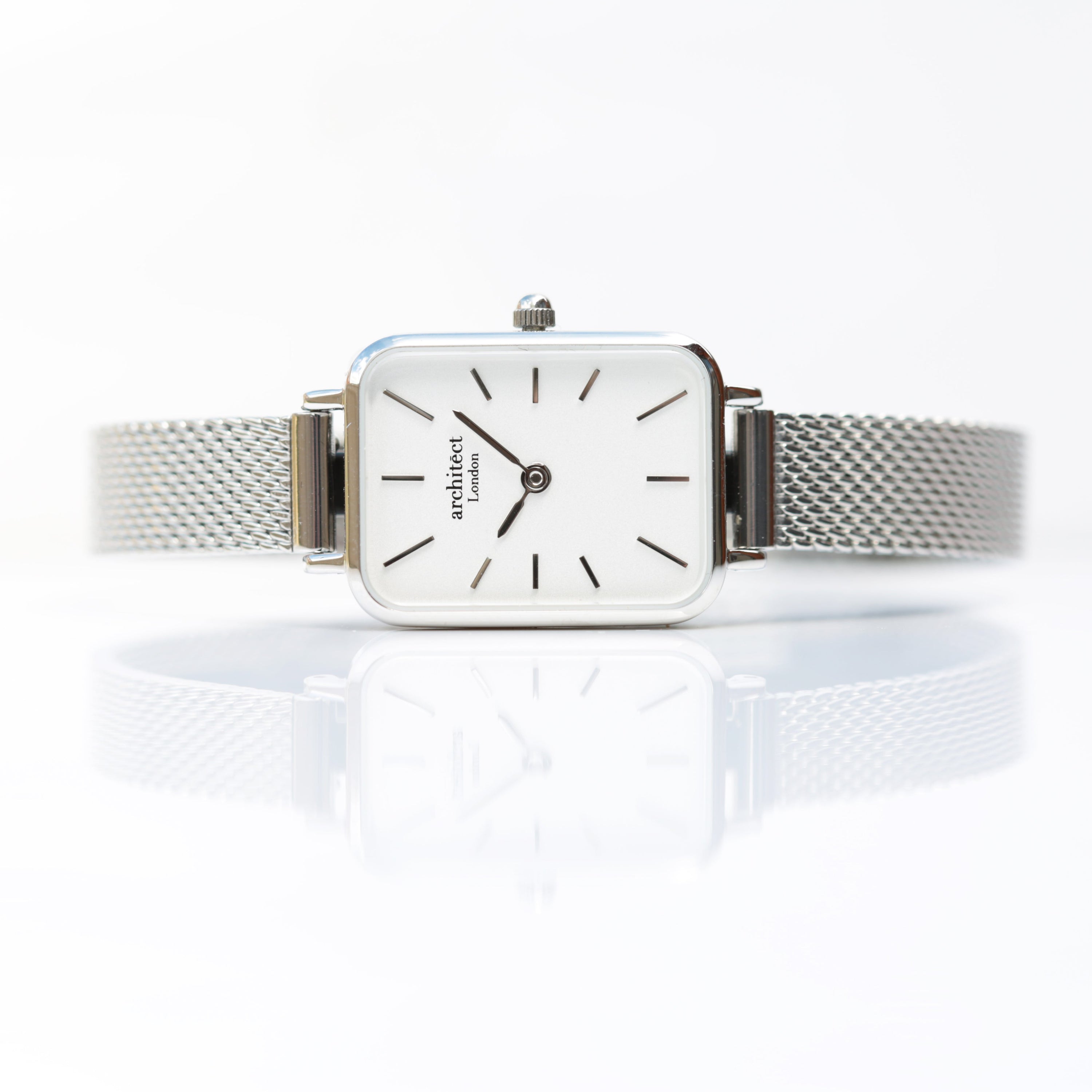 Ladies Architēct Lille watch in Cloud Silver with a silver mesh strap and modern font engraving option.